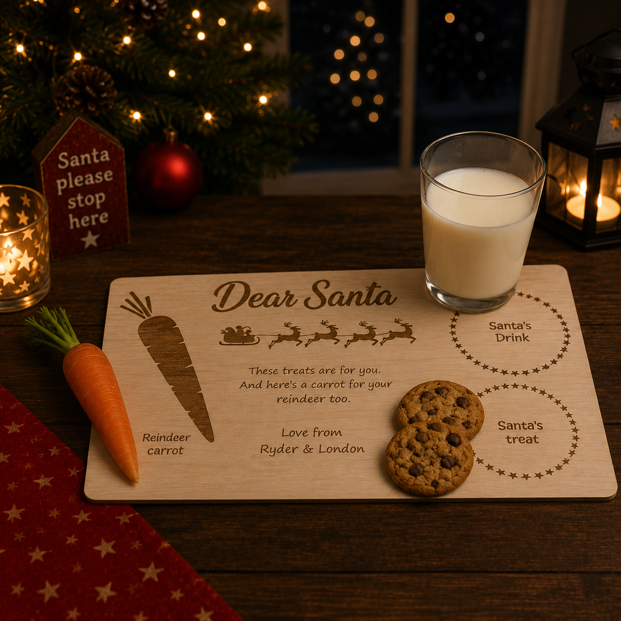 Personalised wooden Santa treat board engraved with a Dear Santa message, featuring spaces for a glass of milk, cookies and a reindeer carrot. Displayed in a cosy Christmas setting with festive lights, cookies and a carrot, perfect for creating a magical Christmas Eve tradition.