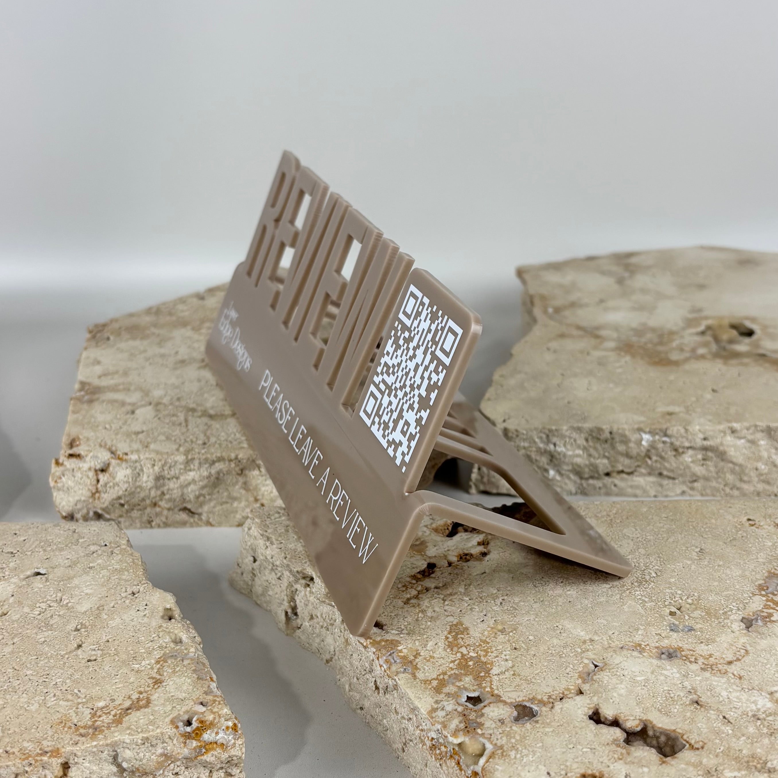 Side view of QR code review acrylic stand with raised letters and support leg