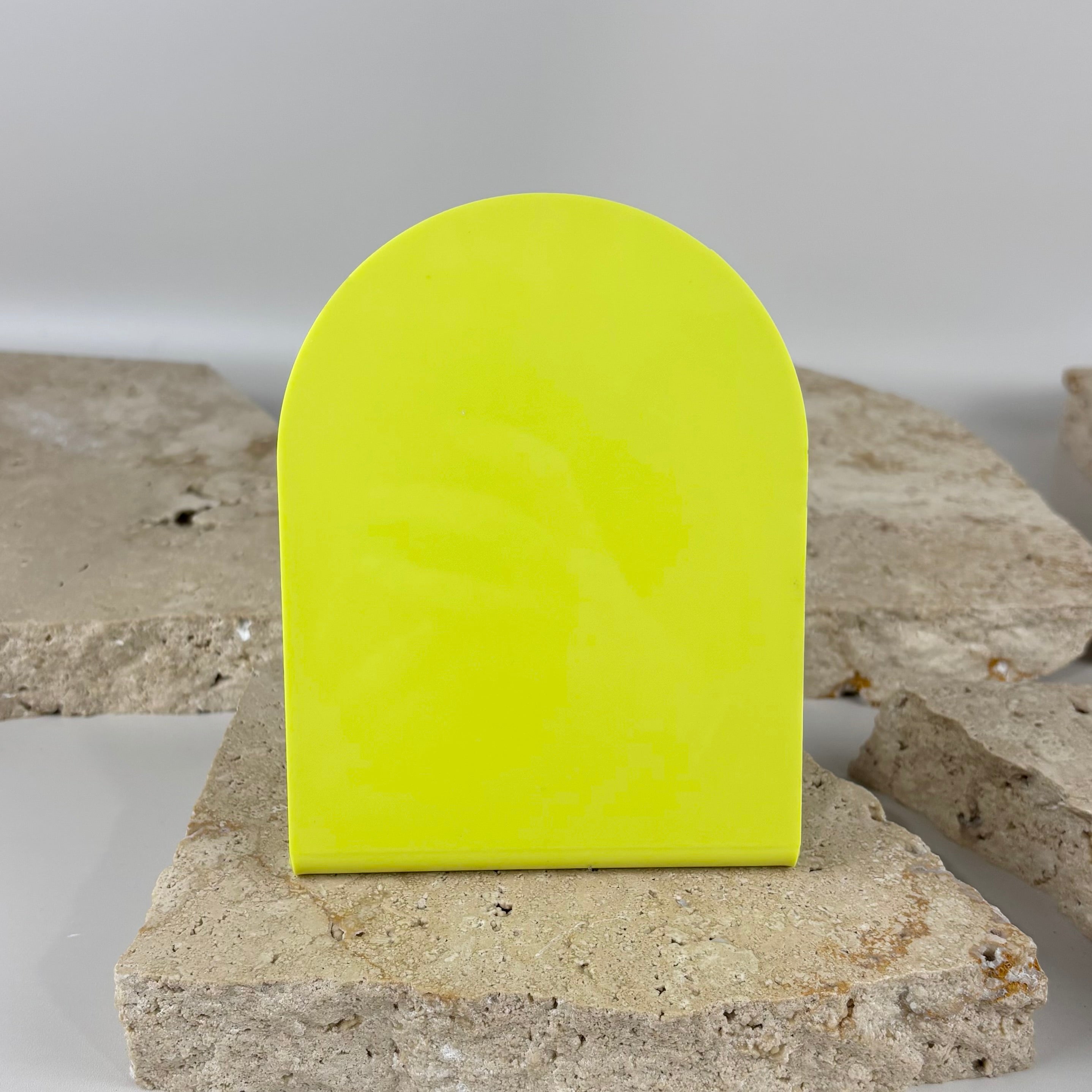 Blank arch acrylic display stand, customisable curved countertop sign for business branding