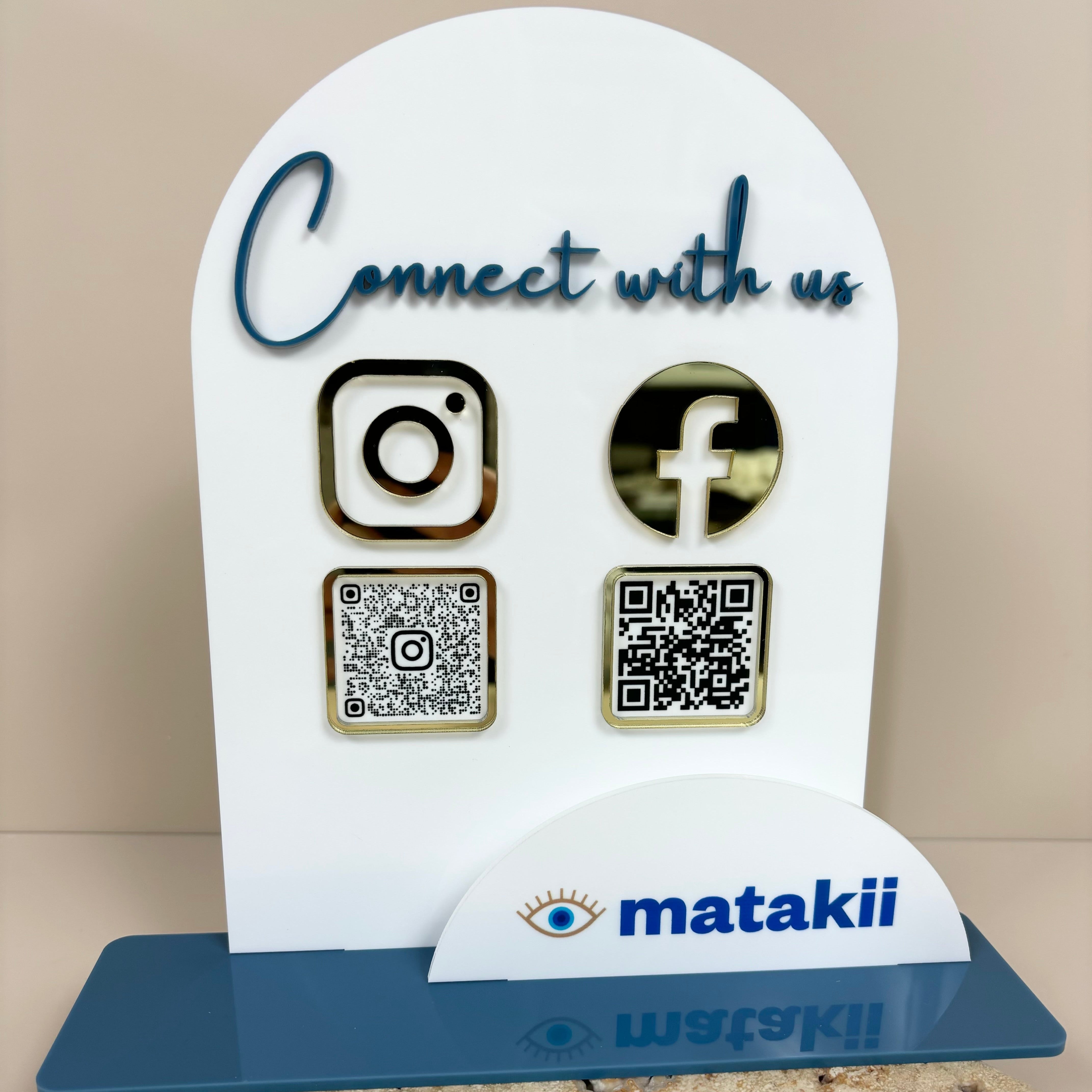Personalised social media stand for small business with logo, Instagram, and Facebook QR codes