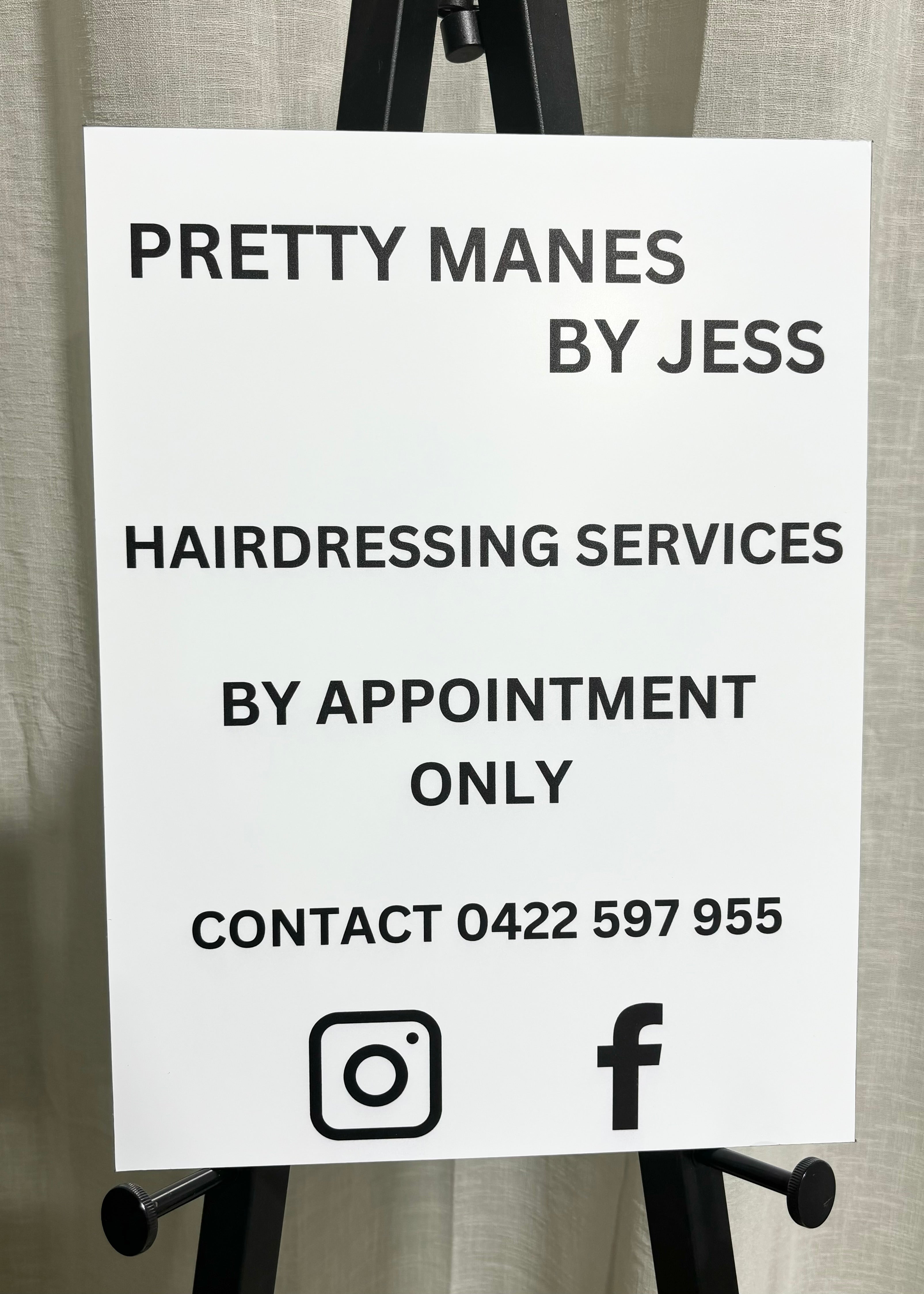 Pretty Manes by Jess hairdressing sign, compact aluminium salon sign with contact info, social icons and appointment note.