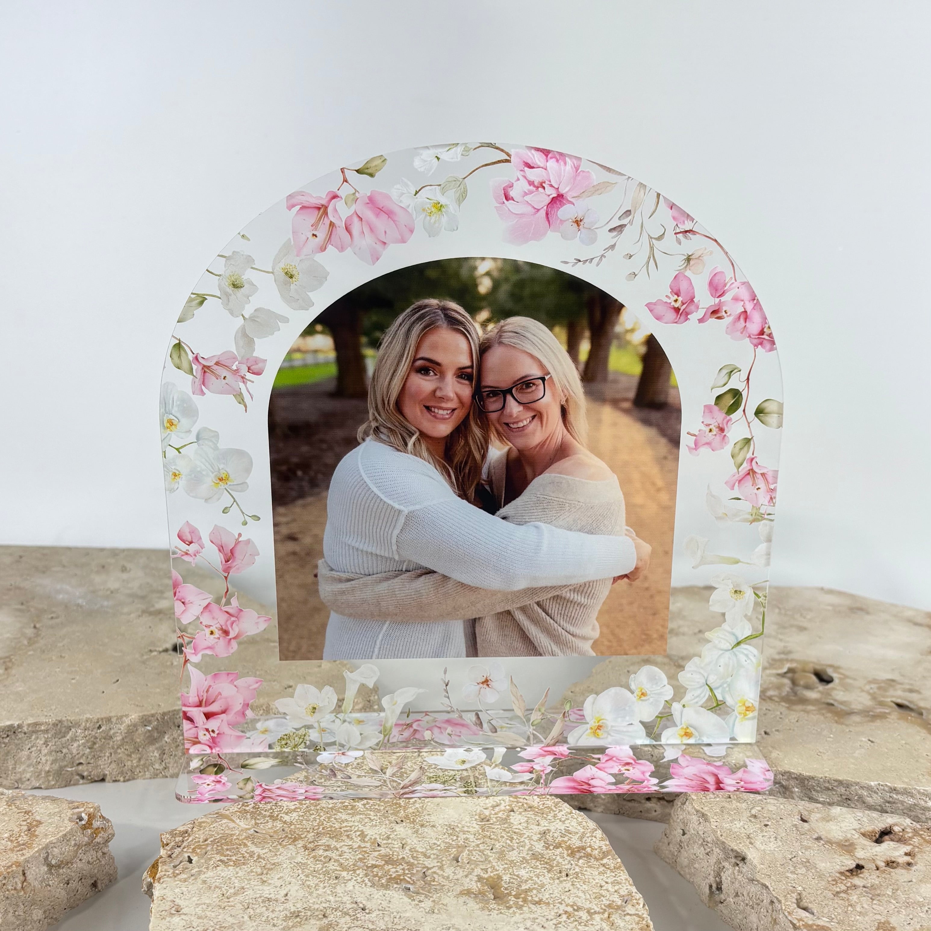 Custom acrylic floral photo stand with arch design styled on neutral home shelving, personalised keepsake photo display for mums, grandparents and memorial gifts