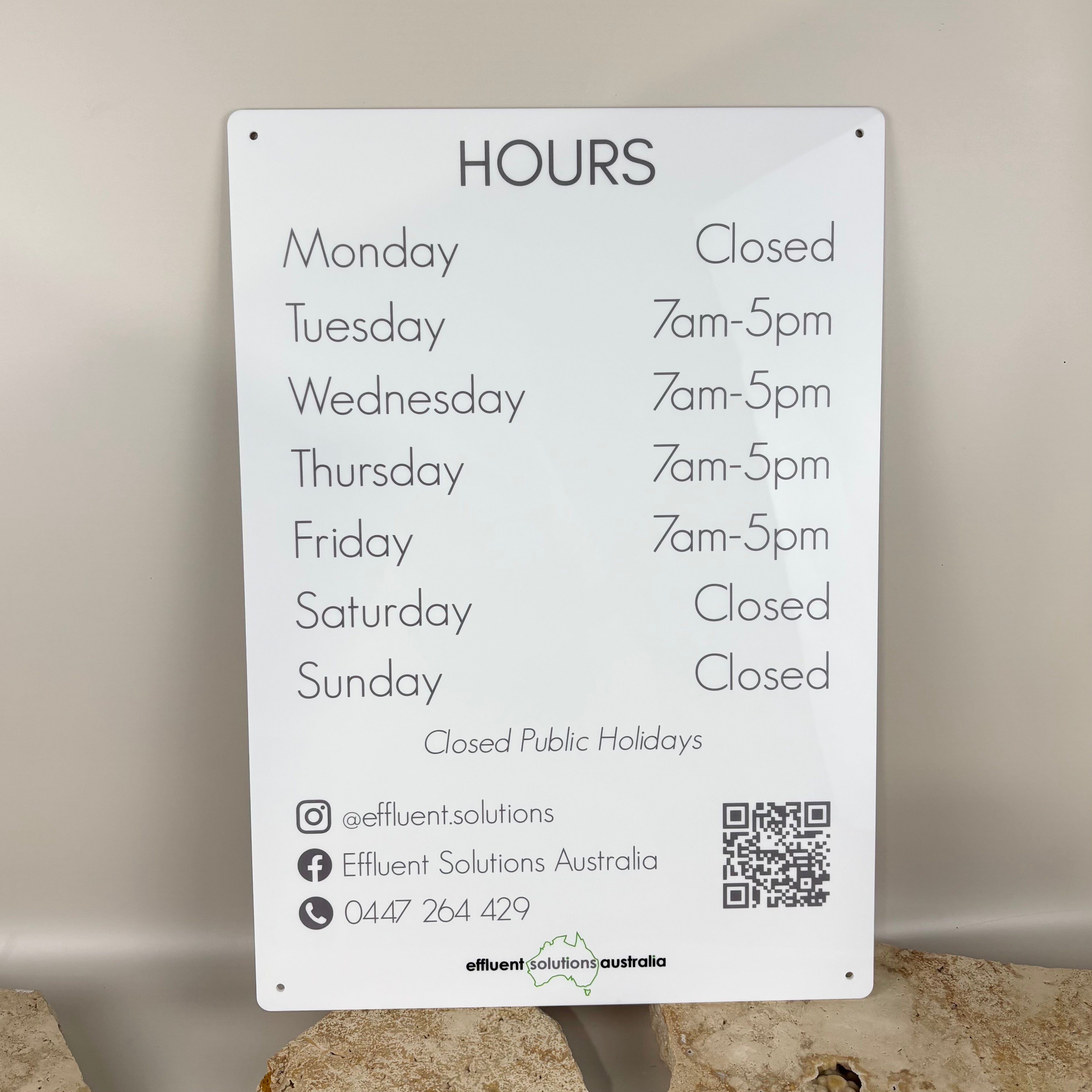 Custom acrylic business hours sign with logo, opening hours display and contact details for shop front