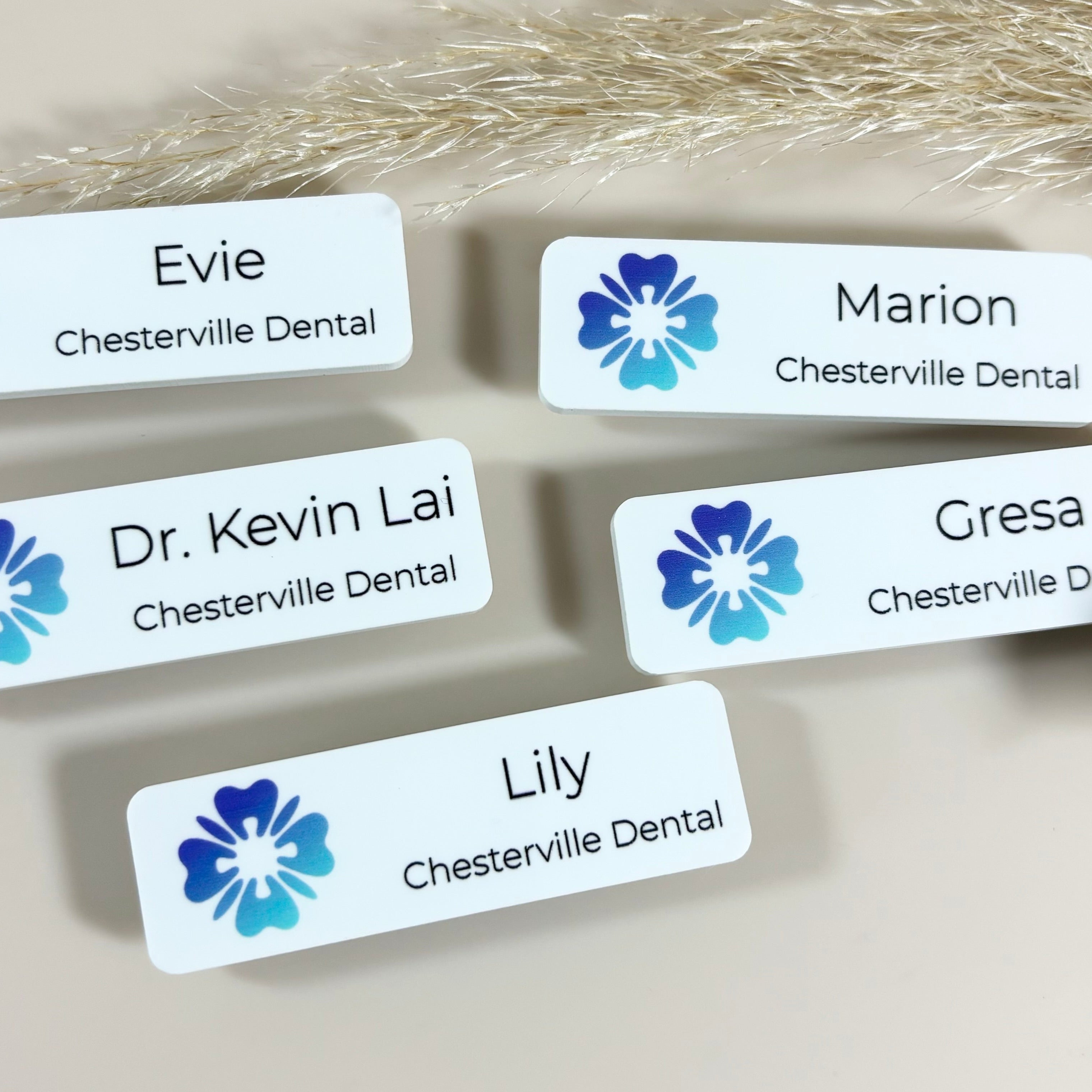 Custom dental clinic name badges with logo and names