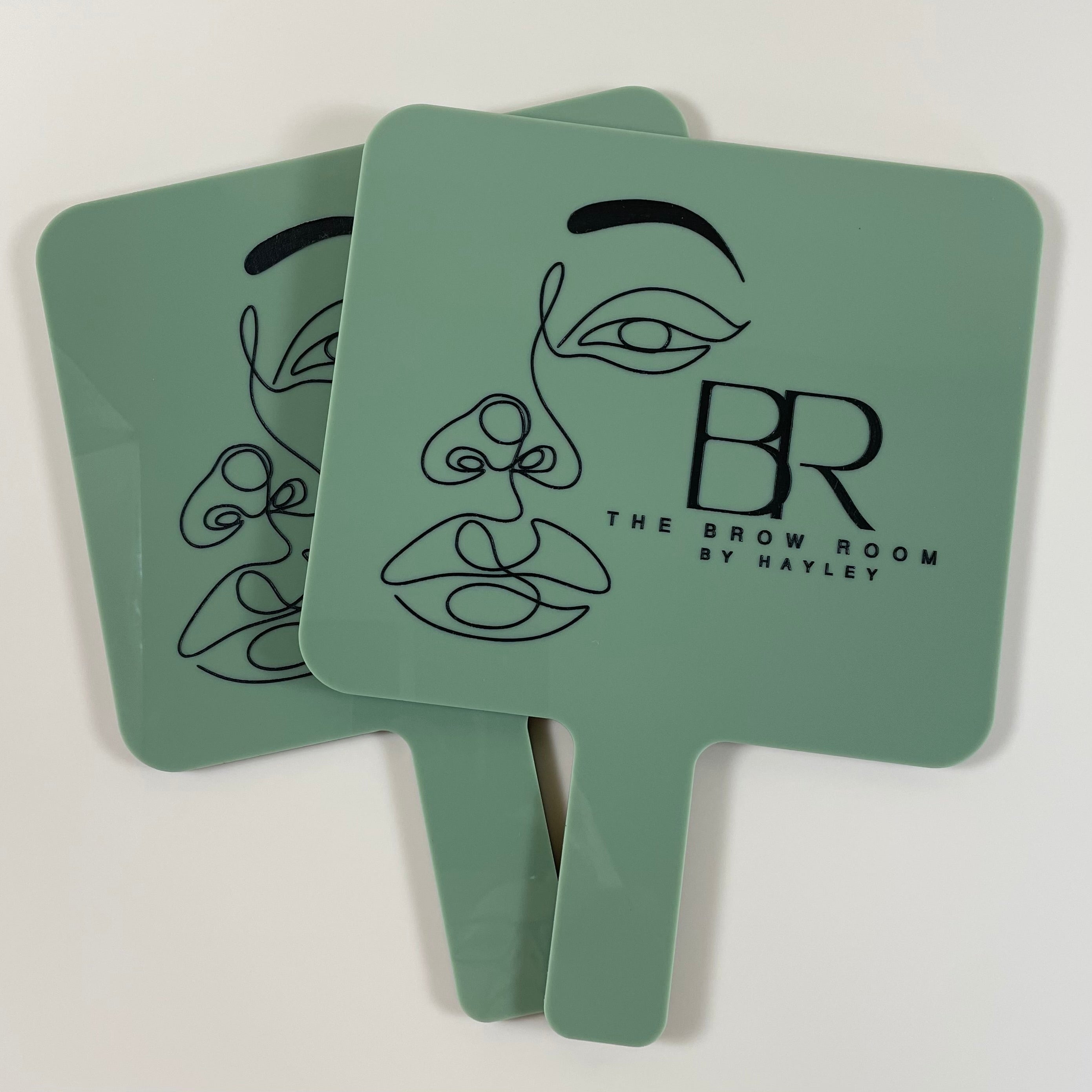 Green beauty salon handheld mirrors with BR logo