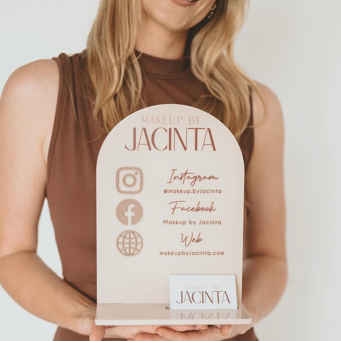 Personalised acrylic business stand with social media icons, custom salon display sign for makeup artist, beauty business countertop signage, acrylic business card holder Australia