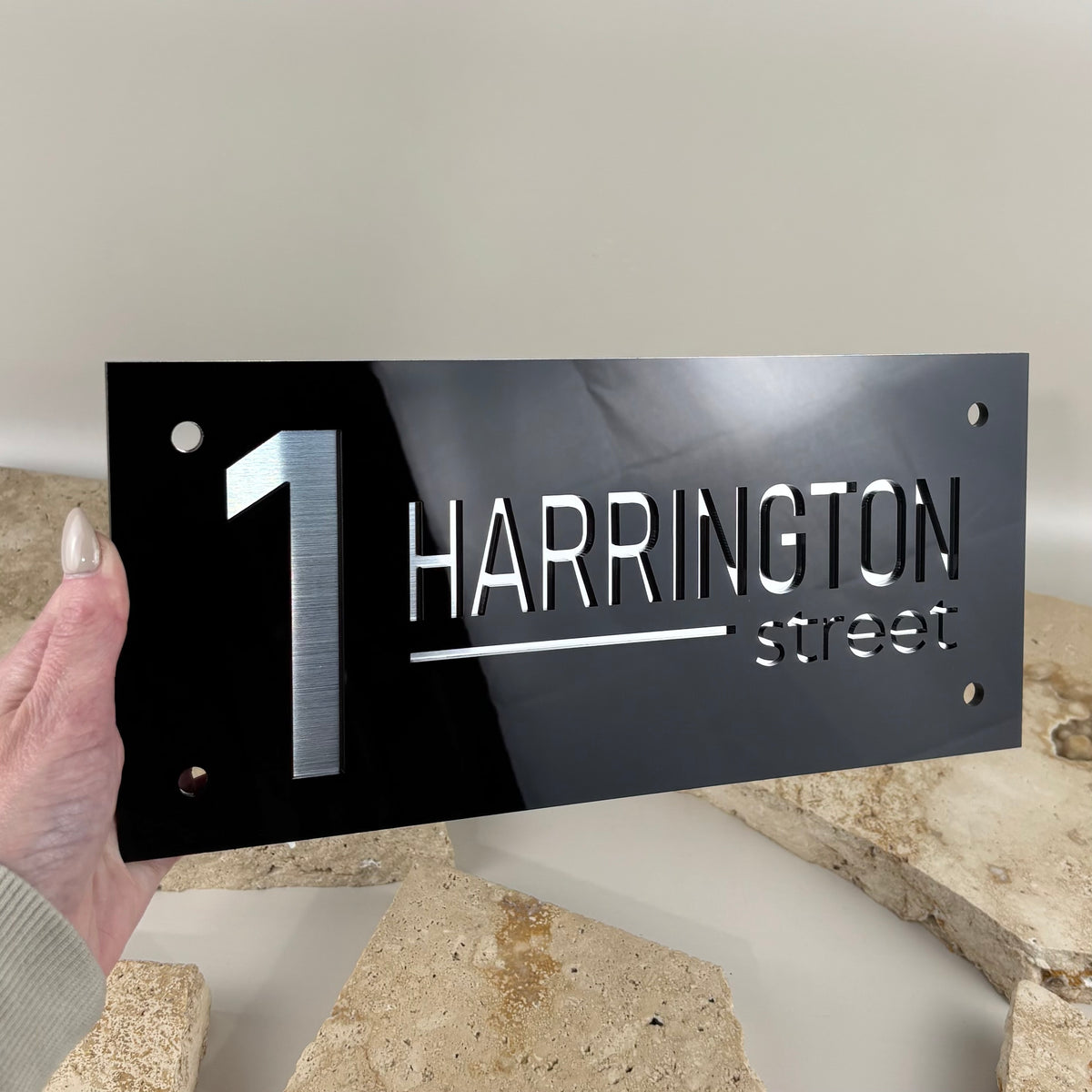 Modern black gloss acrylic house number sign featuring brushed silver 3D acrylic number and laser cut address lettering, custom designed for stylish residential entrances with premium contemporary street signage.