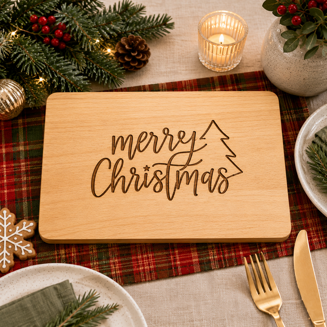 Personalised engraved Christmas timber chopping board with Merry Christmas design displayed on a modern festive table featuring candles, greenery, gold cutlery, linen napkins and Christmas décor.