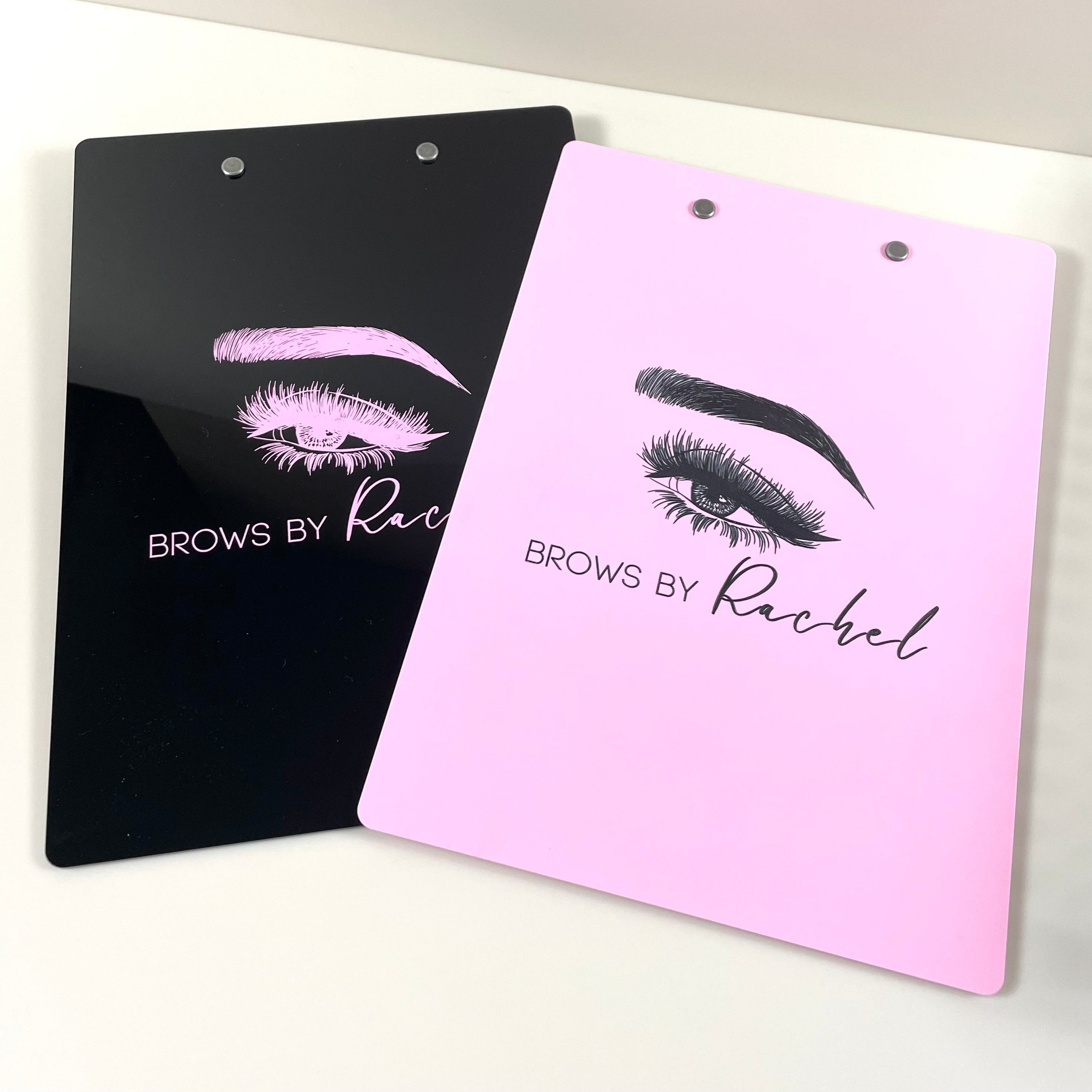 Pink and black personalised clipboards with beauty business logos