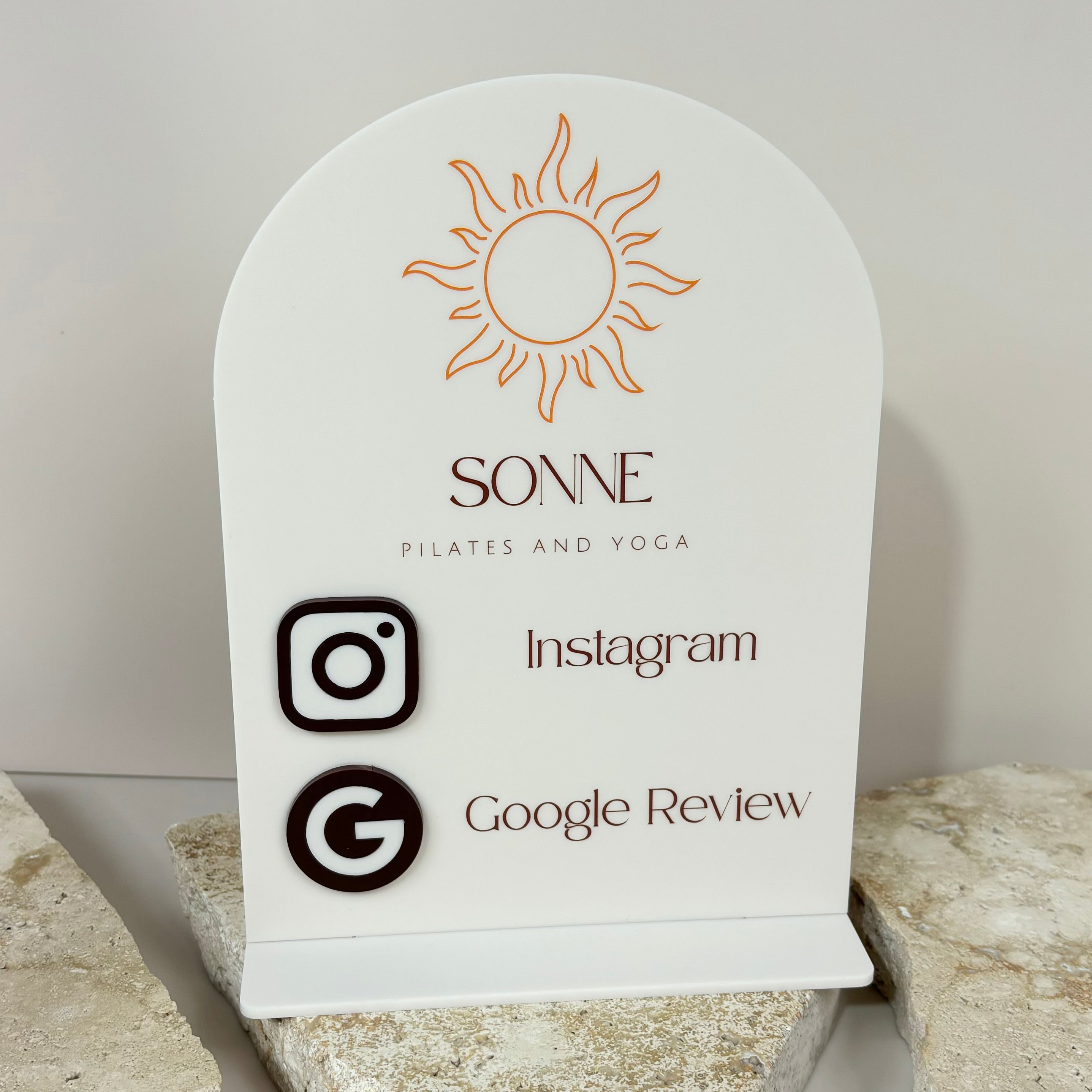 Branded NFC social media sign with Instagram and Google icons – custom tap to connect display for Australian small businesses
