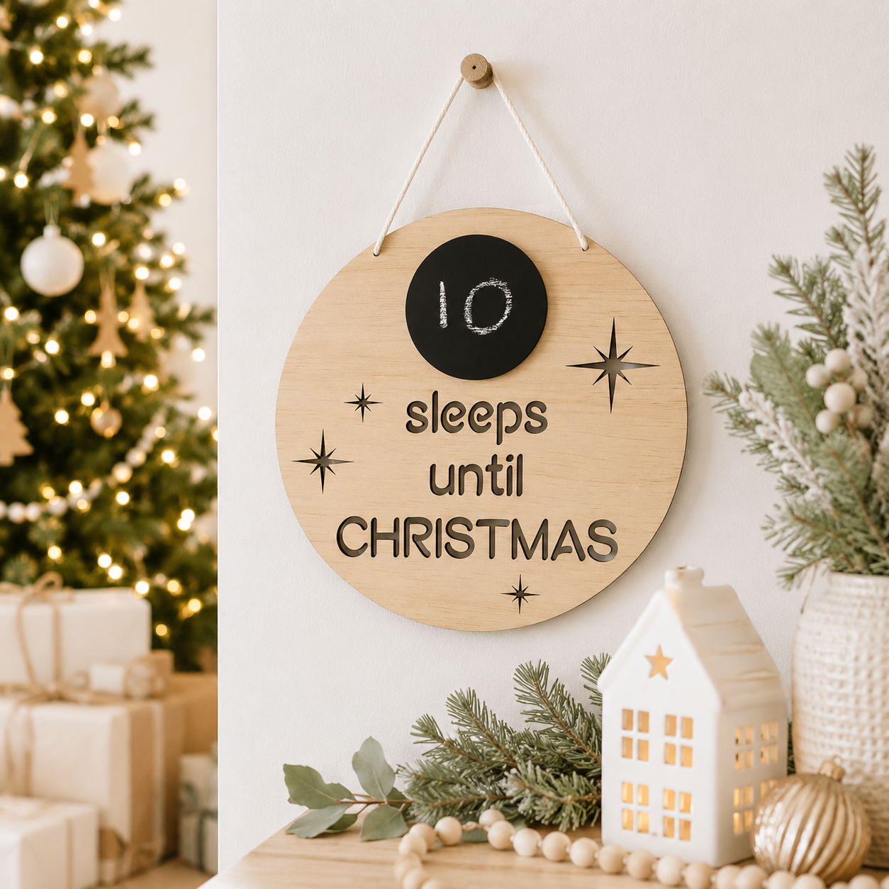 A round wooden hanging advent calendar sign with a black circle that reads '10 sleeps until CHRISTMAS' and engraved star details, displayed on a wall in a decorated holiday setting with a Christmas tree and lights in the background.