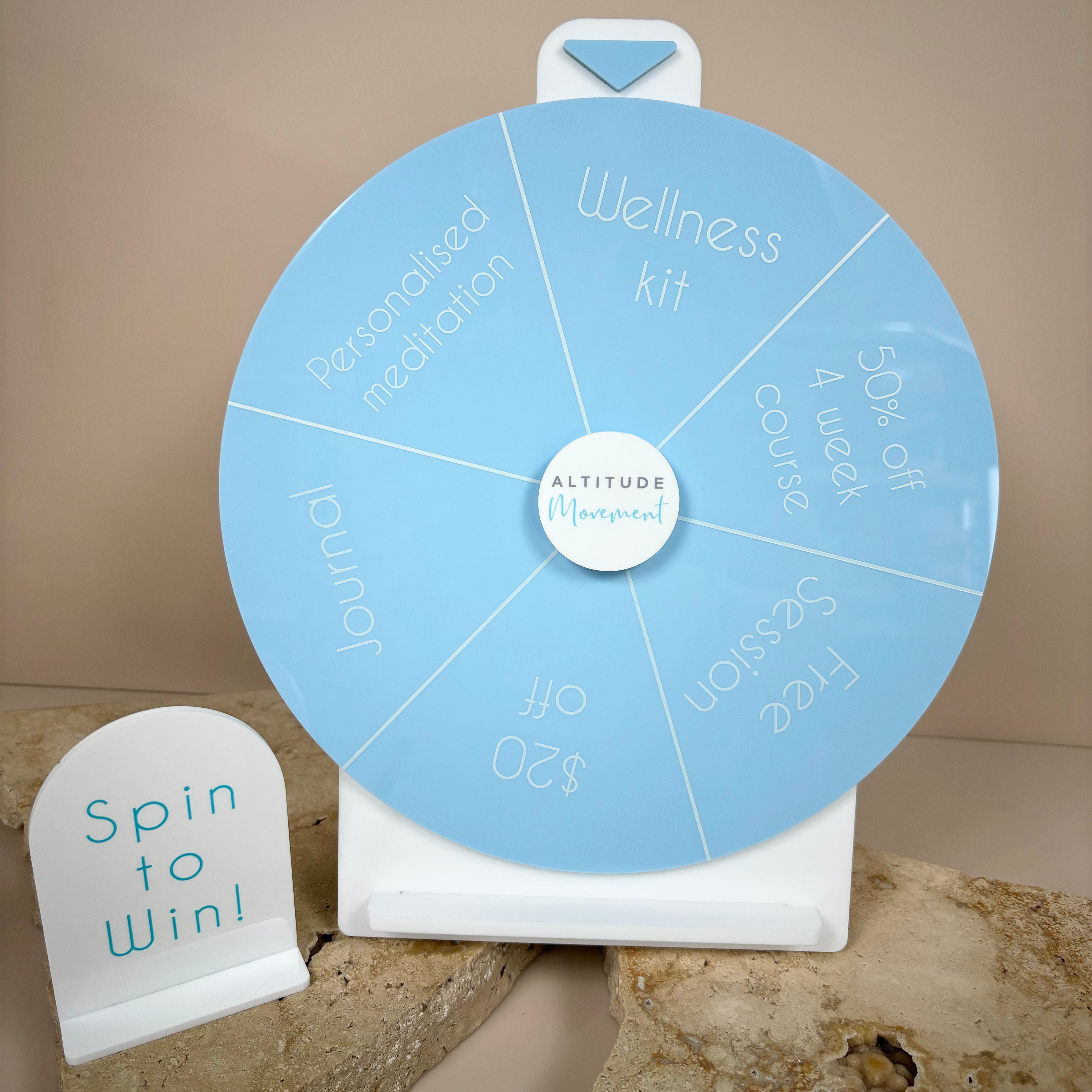 Blue acrylic spin the wheel for business events and giveaways