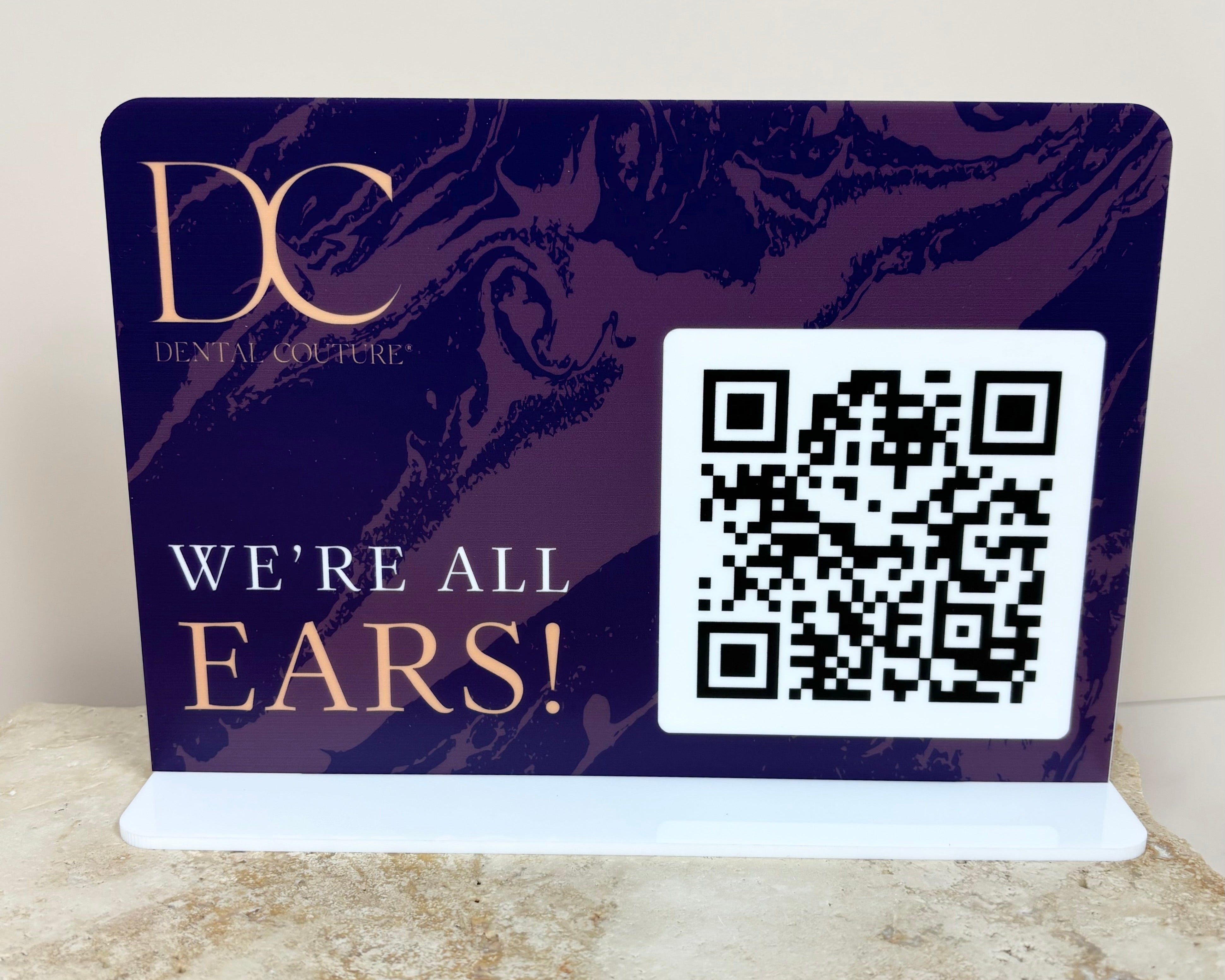 Custom printed QR feedback sign in dark purple with gold text