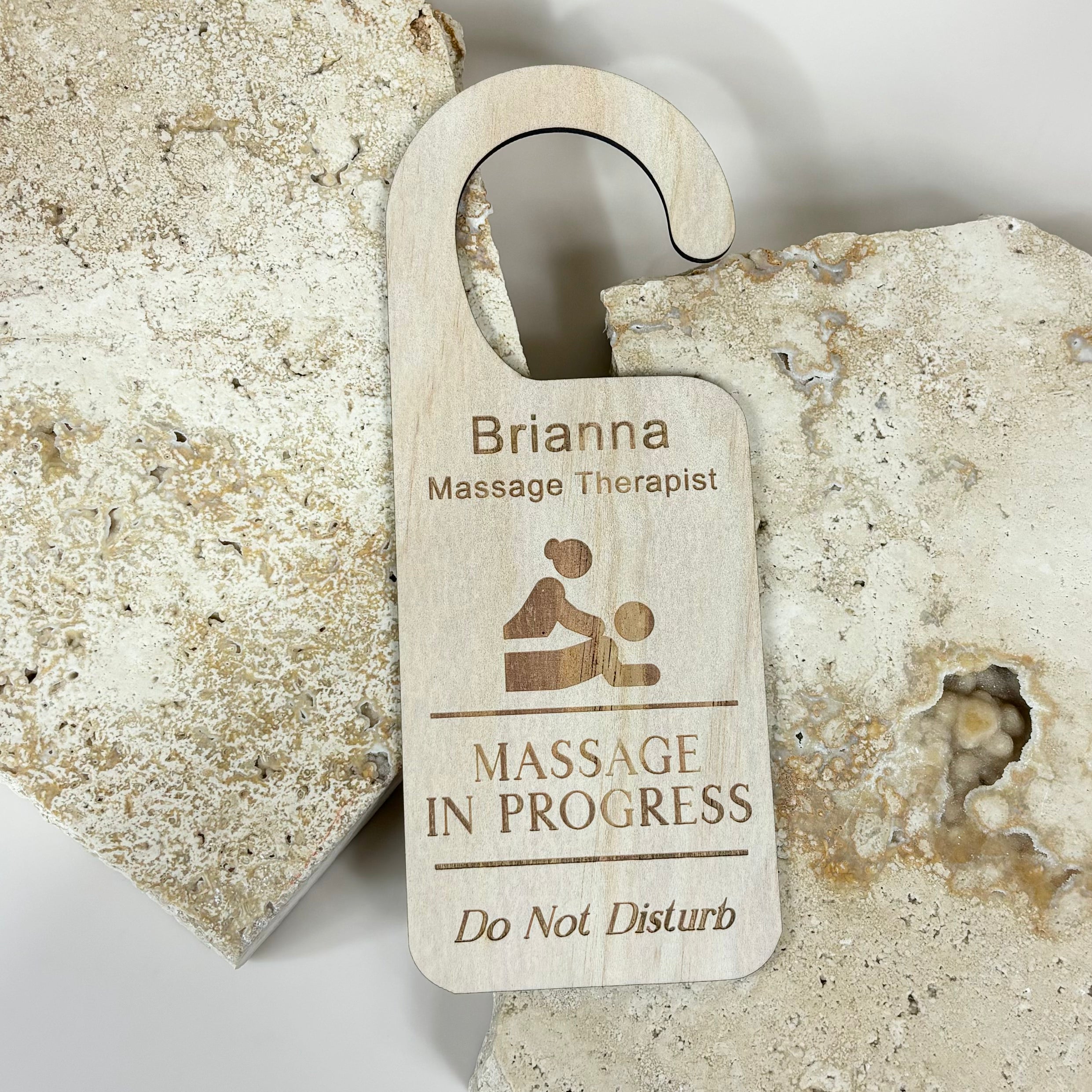 Custom engraved door hanger sign with therapist name – ideal for spas, clinics, and massage rooms