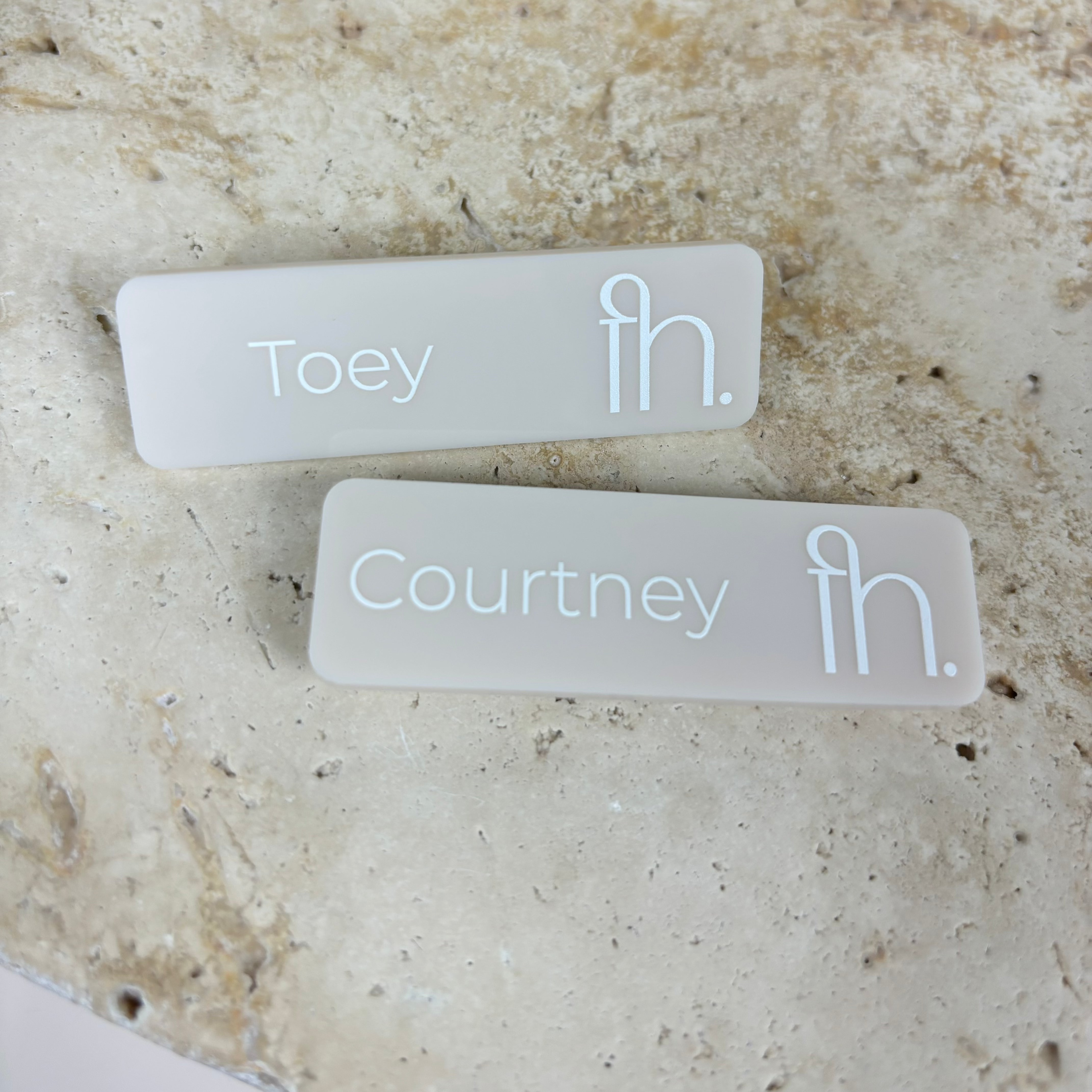 Bridge name badge with salon logo and name