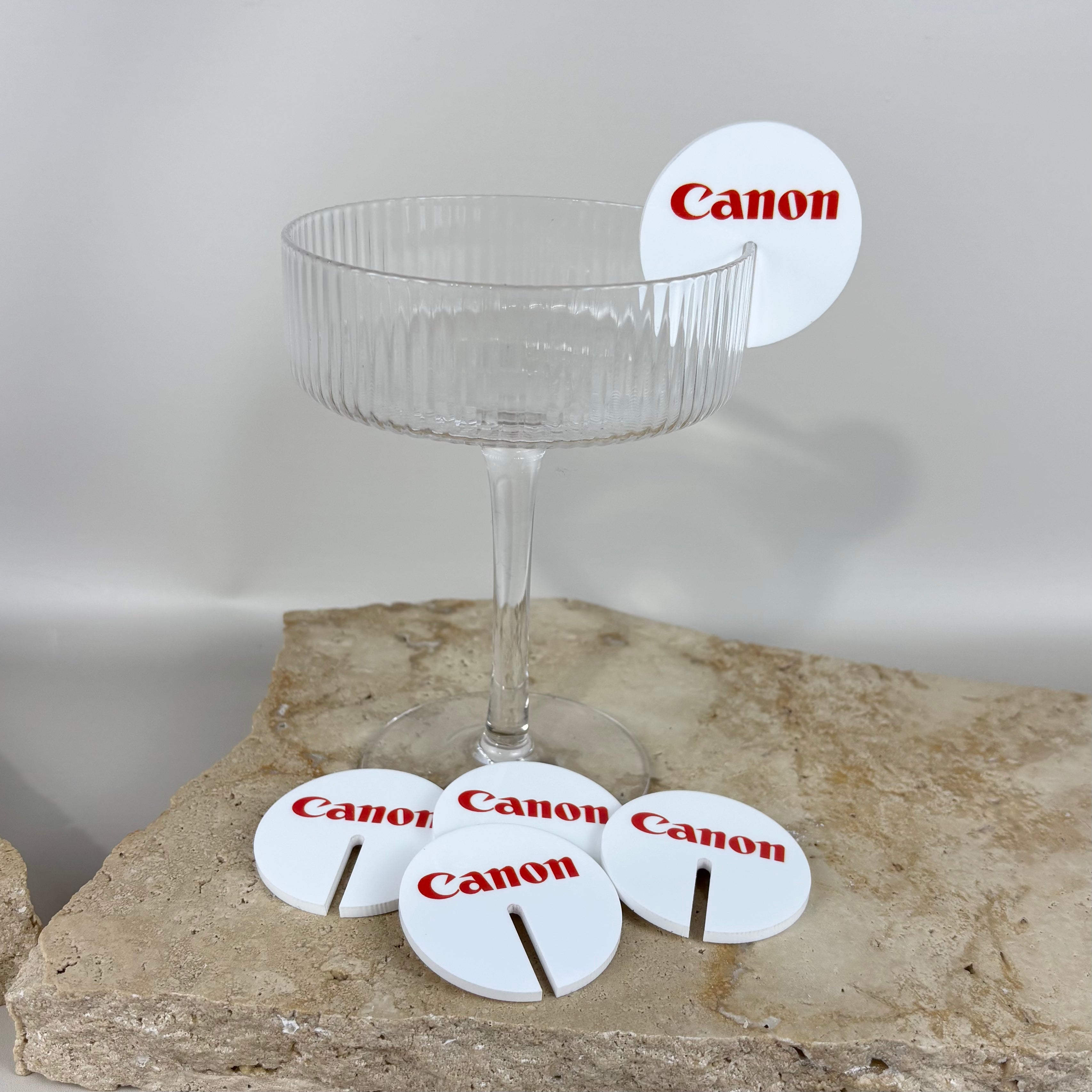 Custom branded acrylic drink markers with logo, reusable cocktail glass tags for corporate events, weddings and brand activations