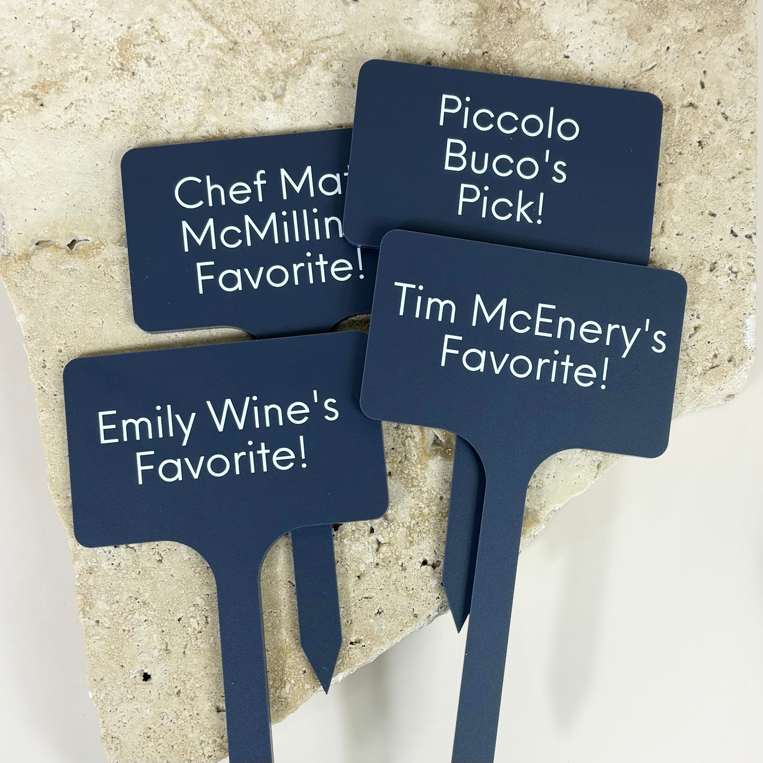 Black acrylic food marker sticks with custom engraved business text