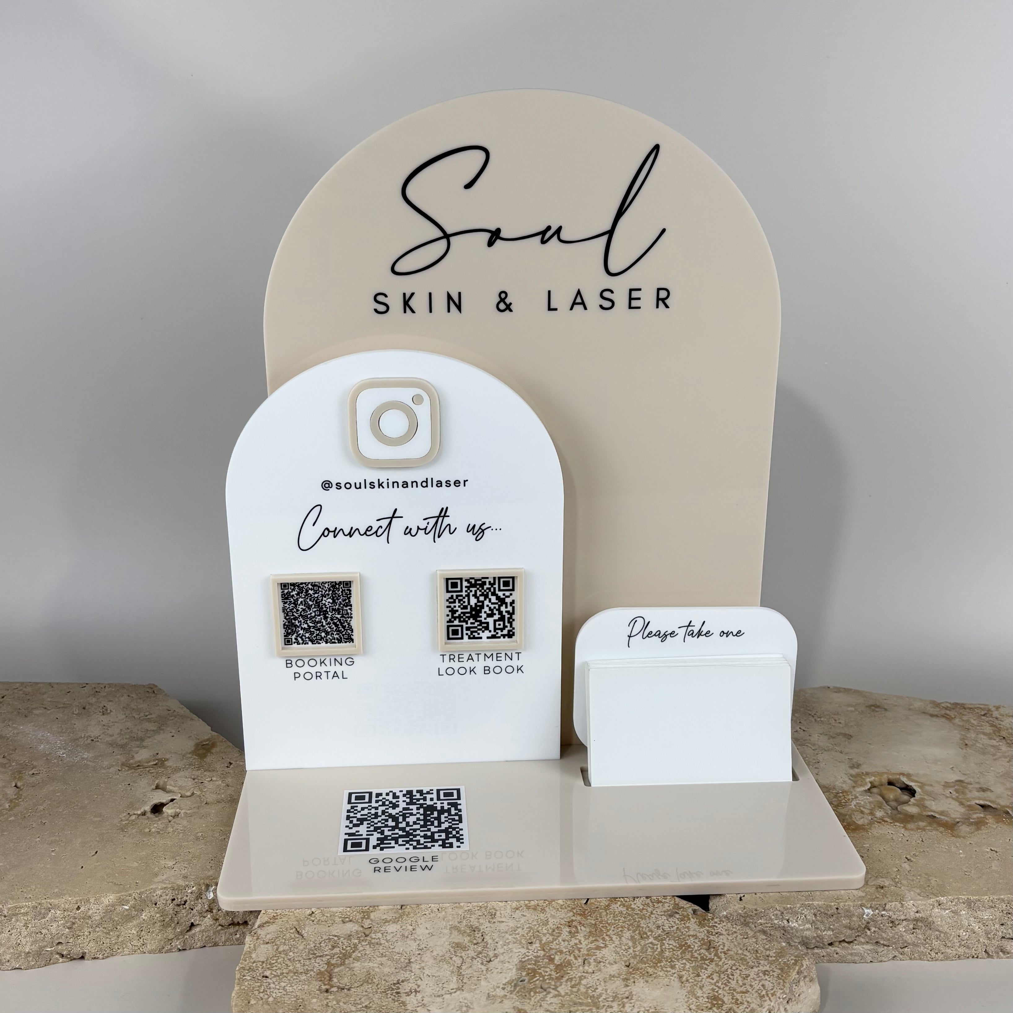 Custom acrylic QR code stand for beauty salon with booking and treatment menu display