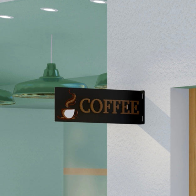 Black rectangle blade sign for coffee shop with cut-out design, custom shopfront signage
