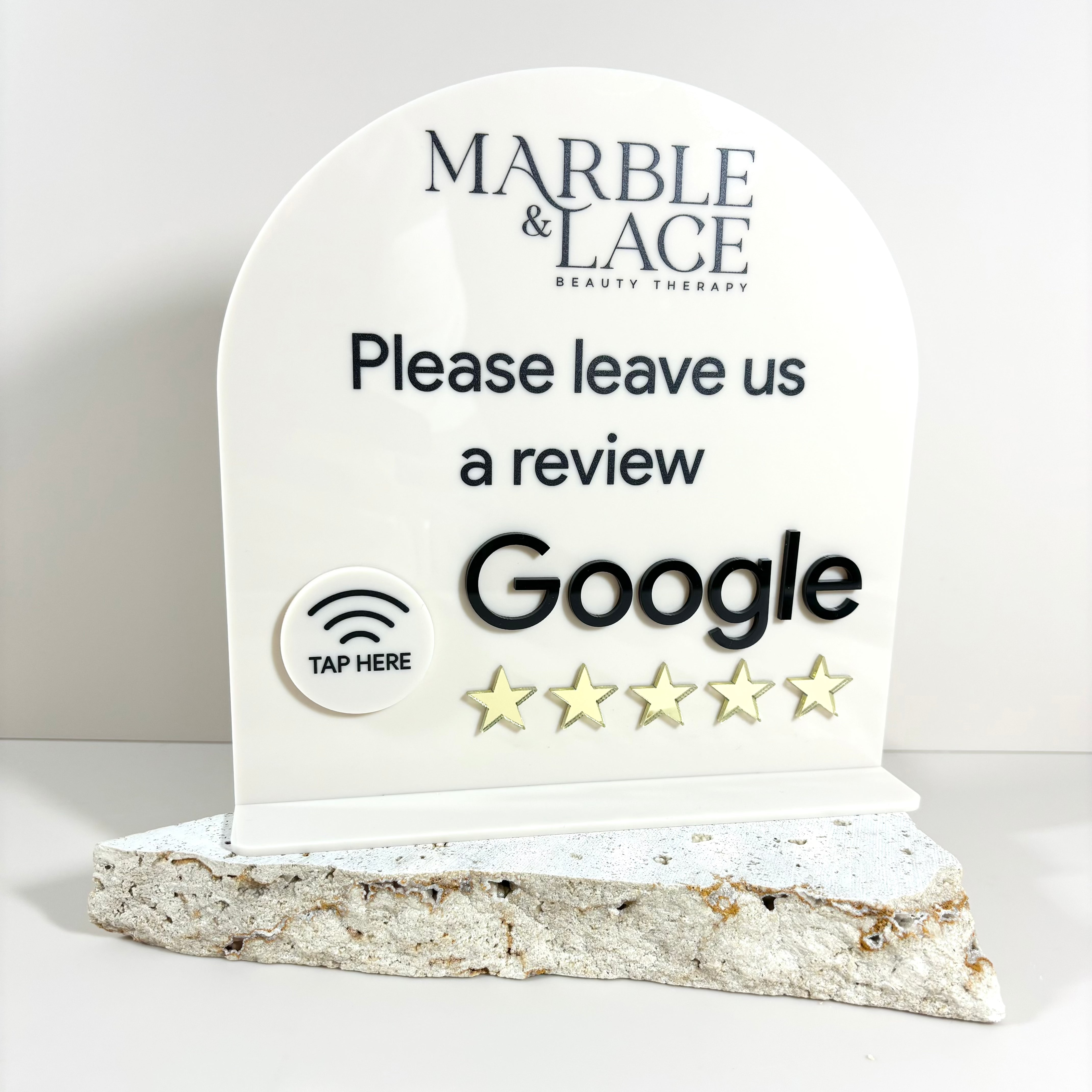 Personalised NFC Google review sign for wedding businesses – tap to review desktop display