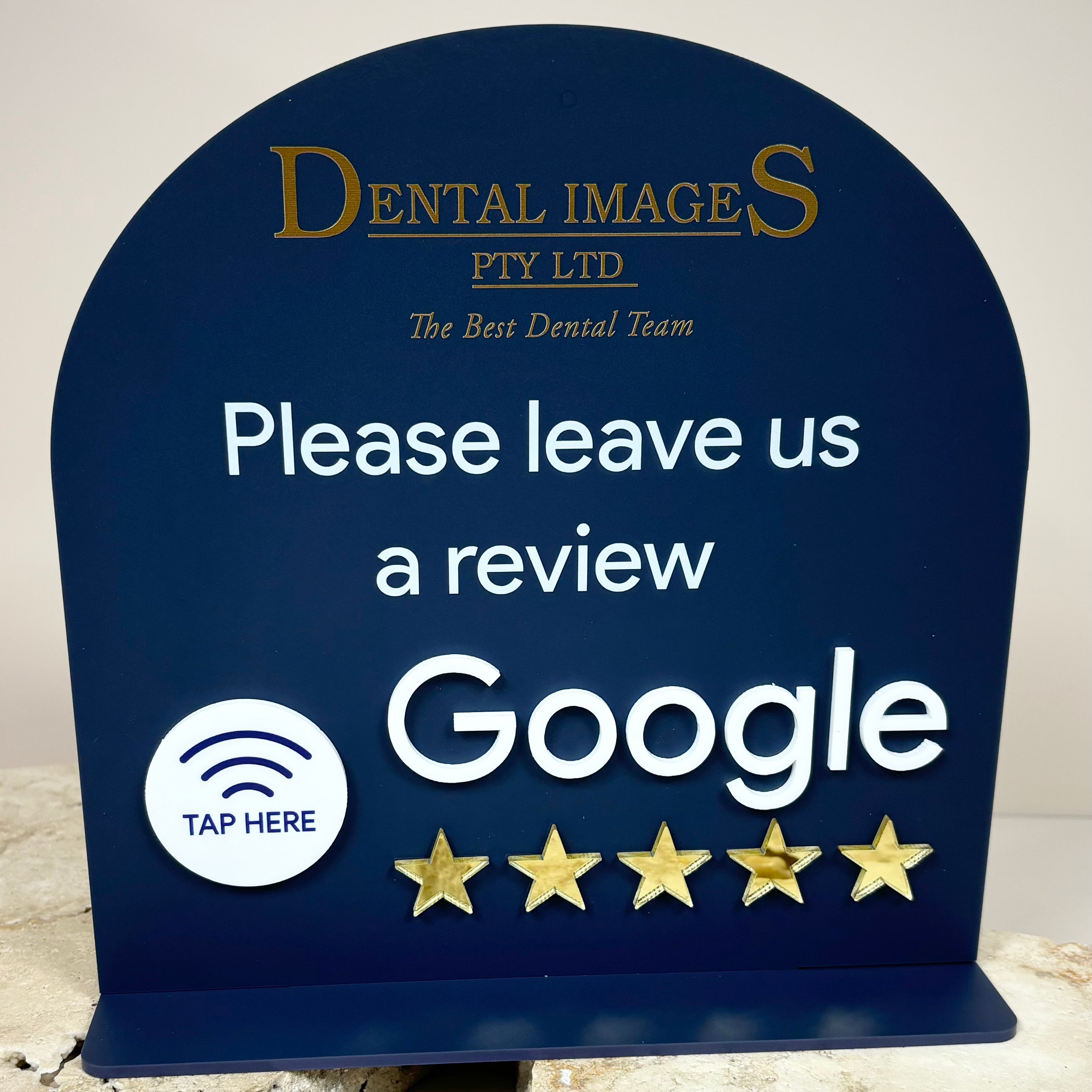 Navy blue custom NFC Google review sign for dentists – contactless tap-to-review display