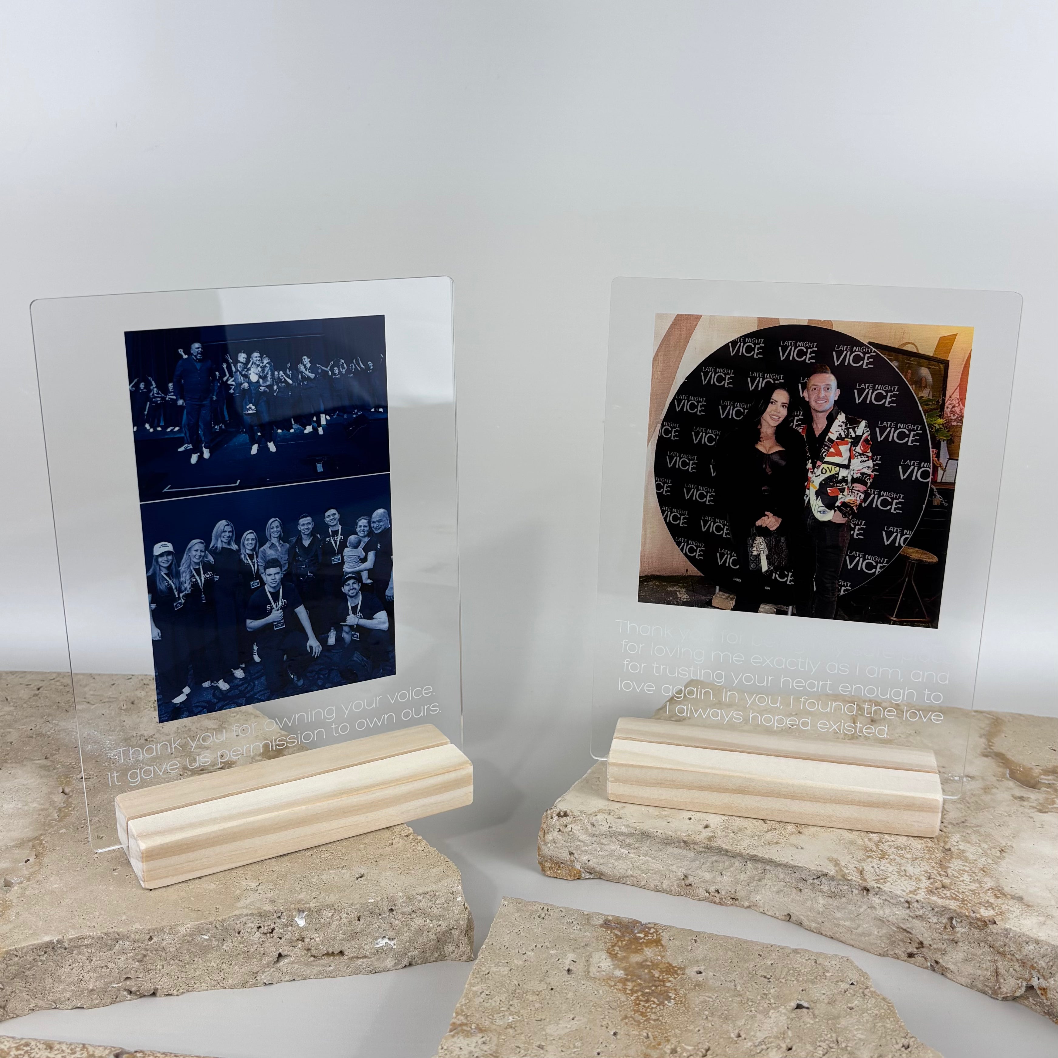 Personalised acrylic photo plaques with custom photos and meaningful messages, displayed in timber bases. A thoughtful keepsake for special memories, milestones and gifts.