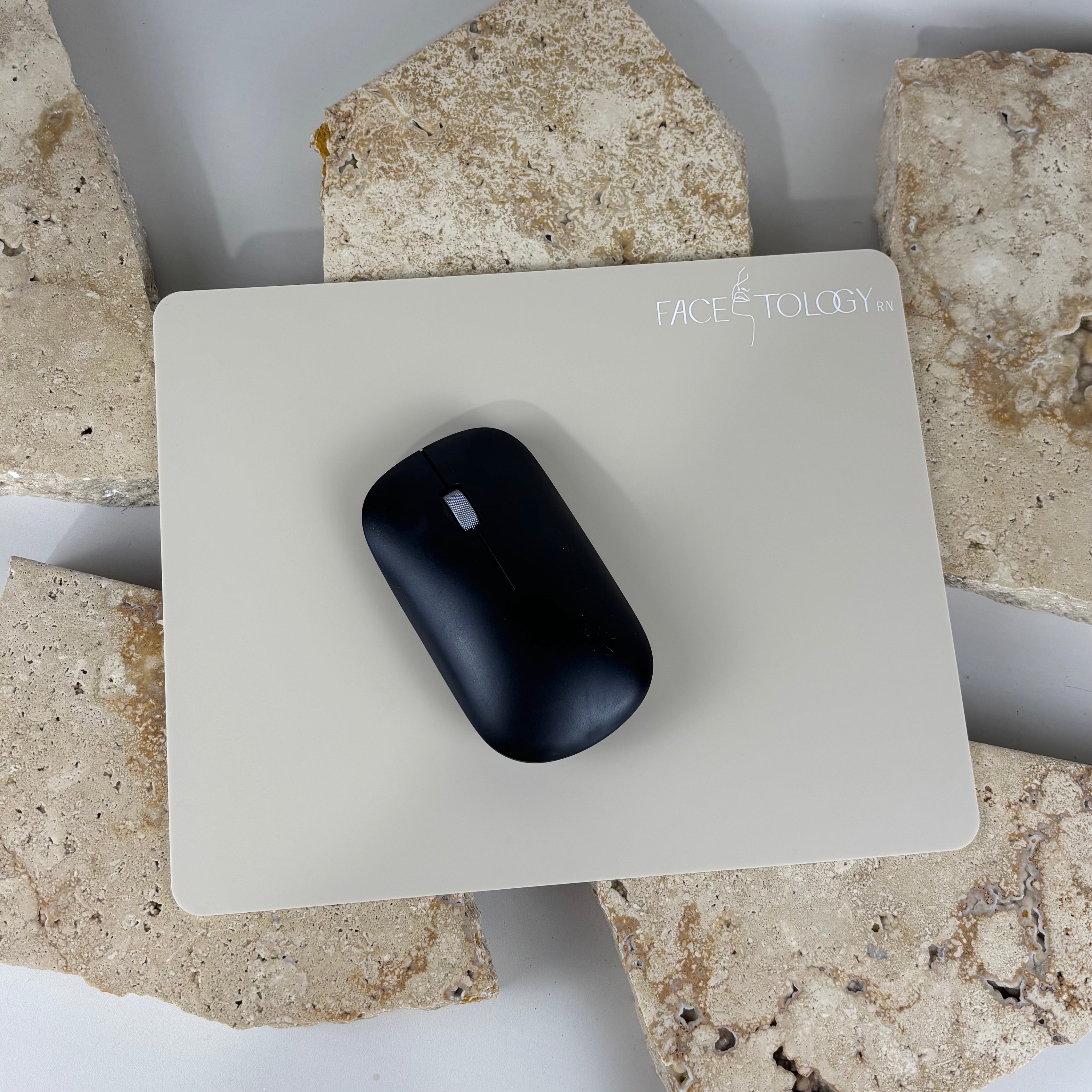 Branded business mouse pad with custom logo, smooth premium desk mat for salons, clinics and small businesses, minimalist neutral design ideal for reception desks, office workspaces and professional branding setups.
