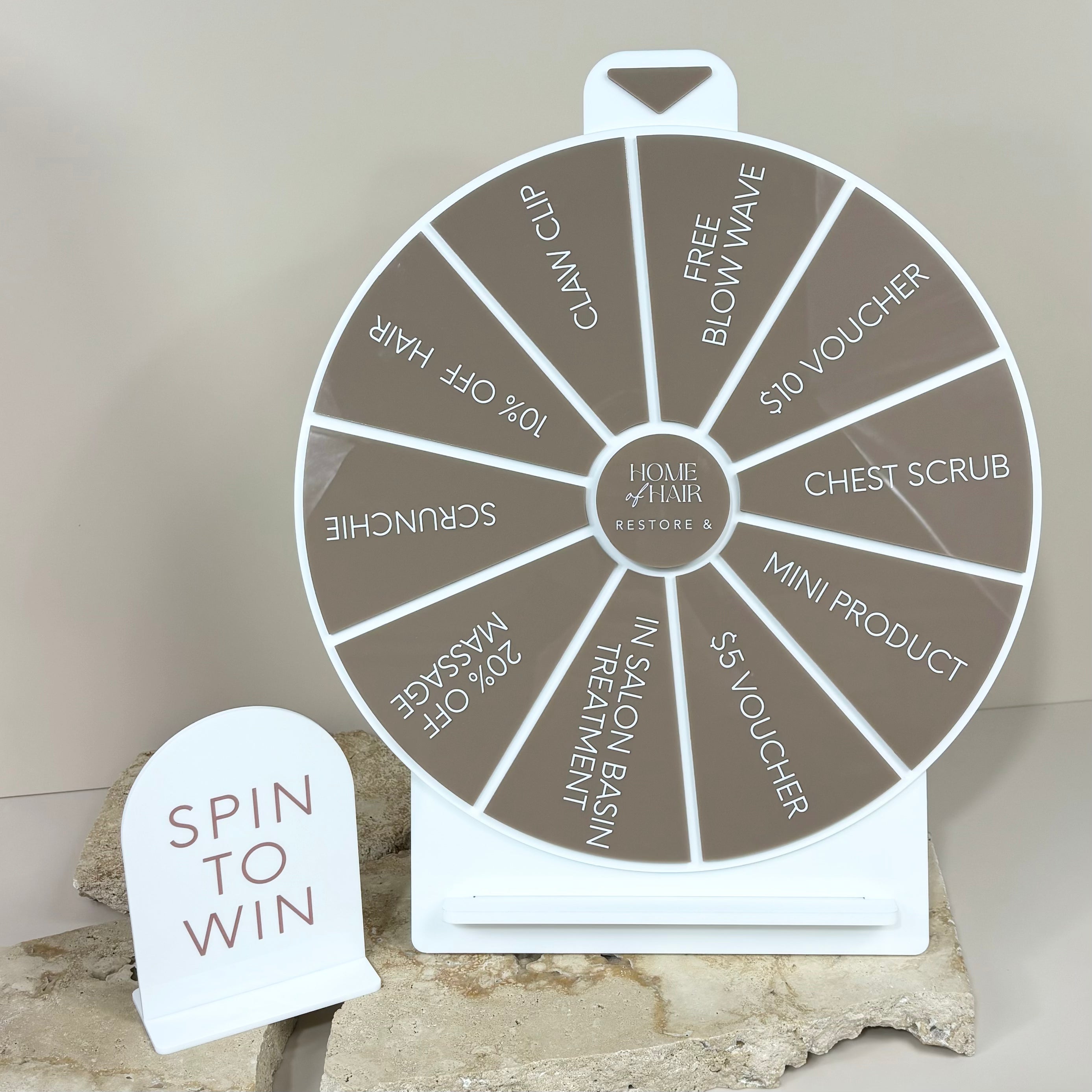 Custom spin the wheel prize wheel in brown with white segments for business promotions