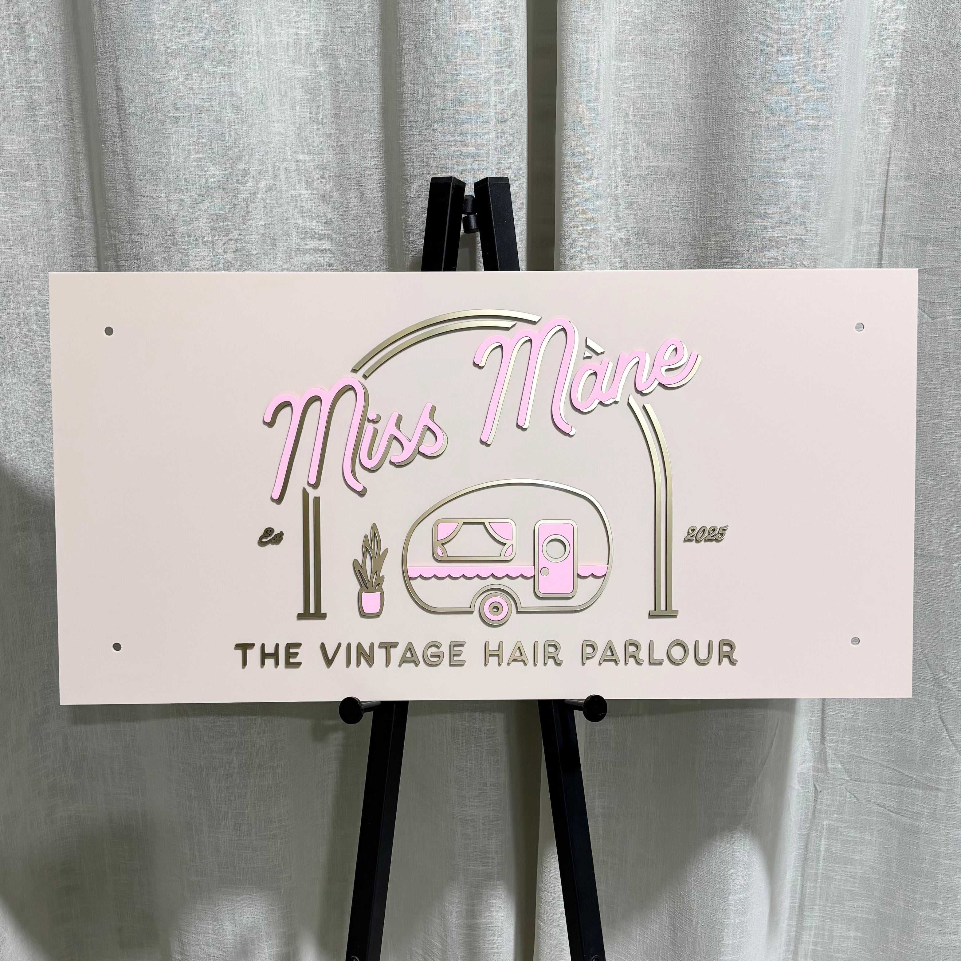 Raised acrylic rectangle business sign with 3D pastel lettering and UV printed details, custom salon signage for hairdressers and beauty studios, personalised acrylic business sign Australia