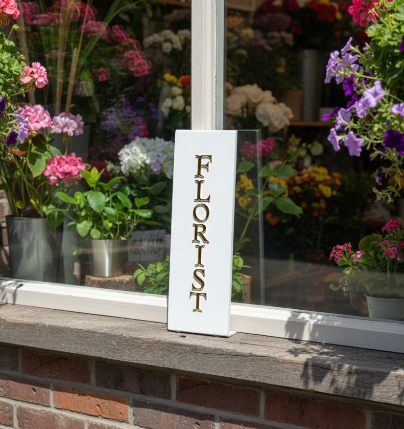 Bottom-mounted folded acrylic blade sign sitting on window ledge, vertical florist shopfront signage with clean bracket-free design