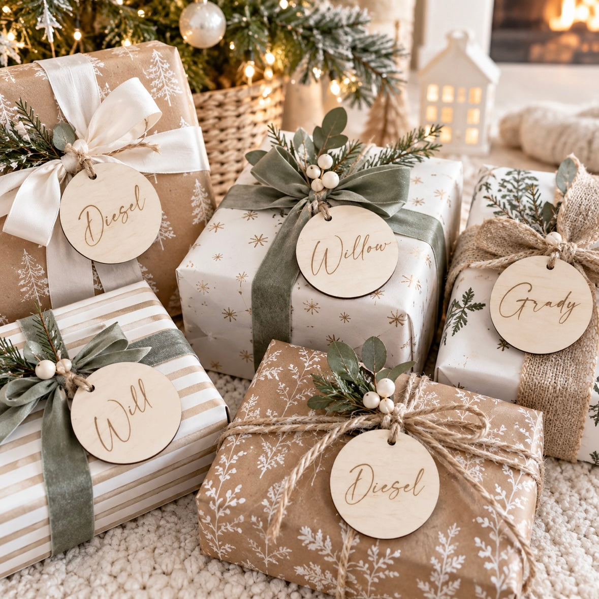 Personalised round wooden Christmas gift tags engraved with individual names, displayed on wrapped presents in a light modern Christmas setting.