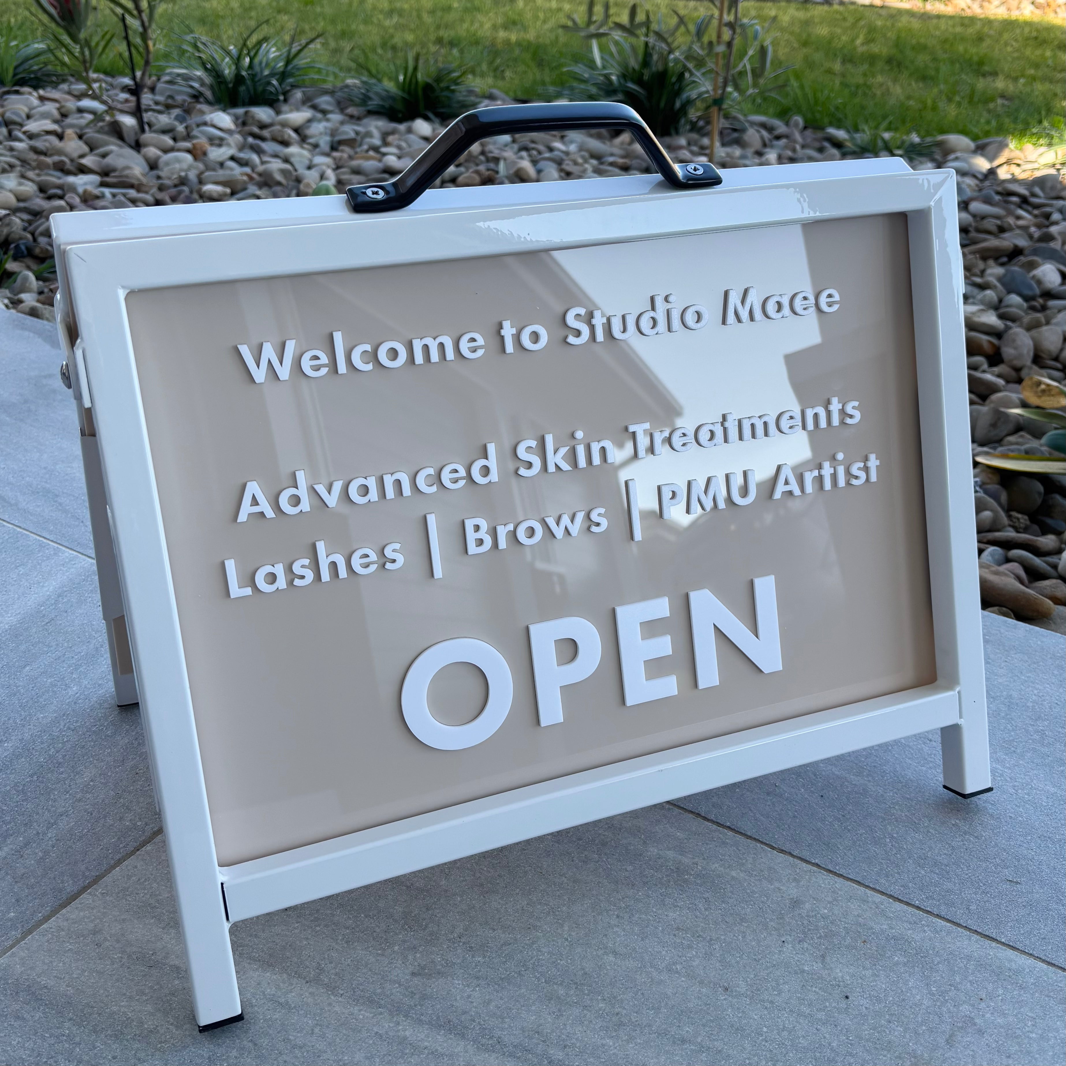 Custom acrylic A-frame business sign with open message