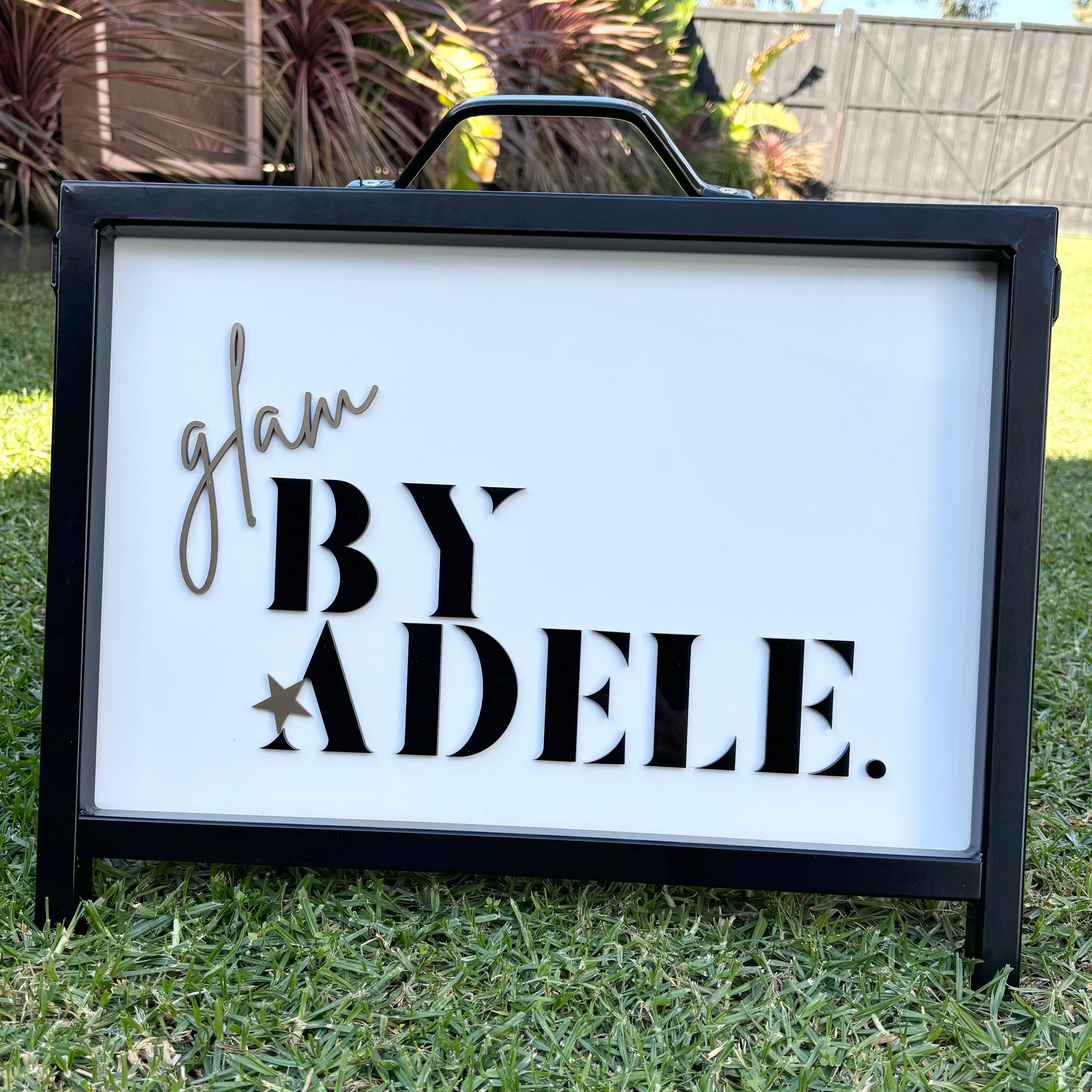 Landscape A frame business sign with Glam By Adele branding for outdoor use