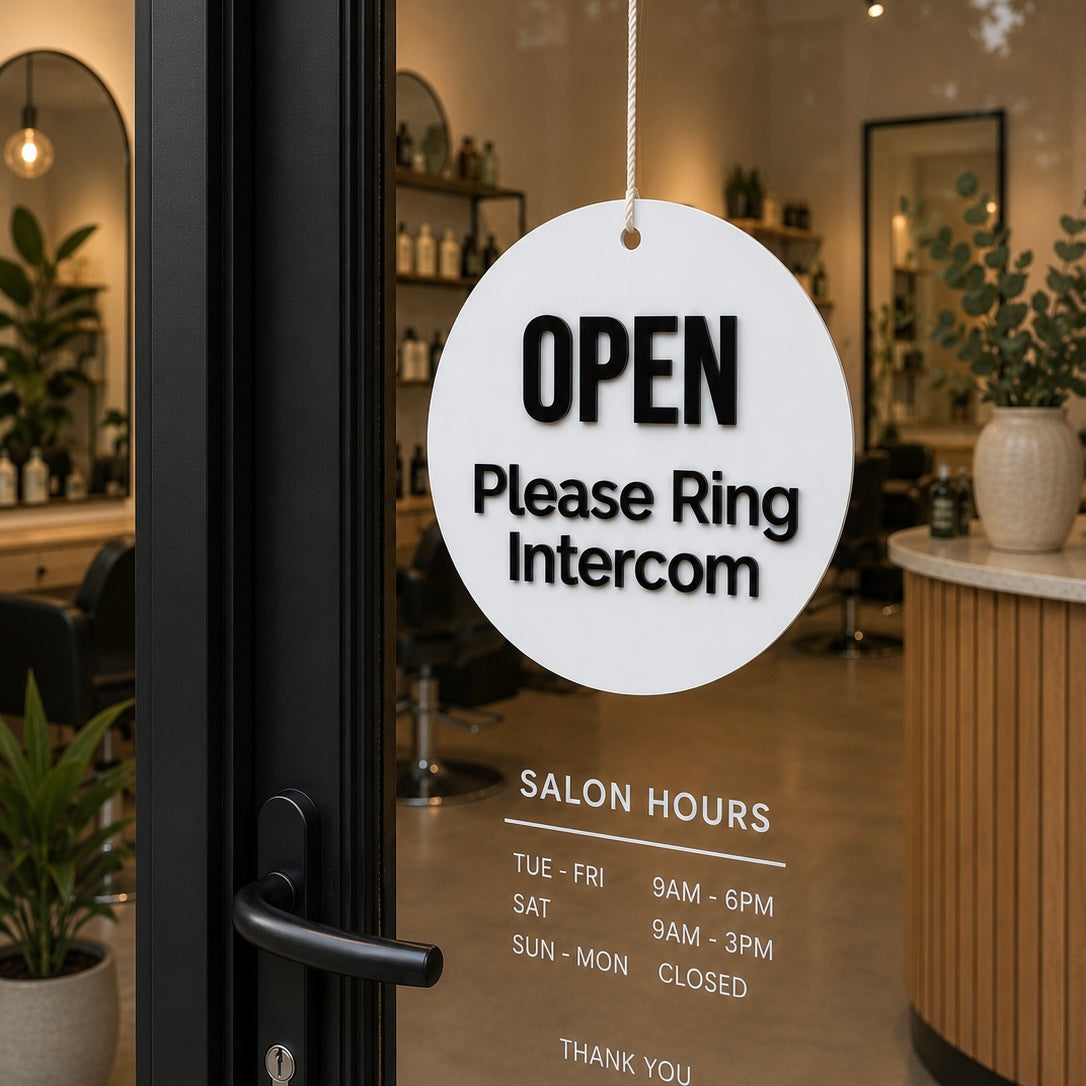 Modern round acrylic open sign hanging on salon glass door with raised black 3D lettering and cream rope for beauty salon entrance branding