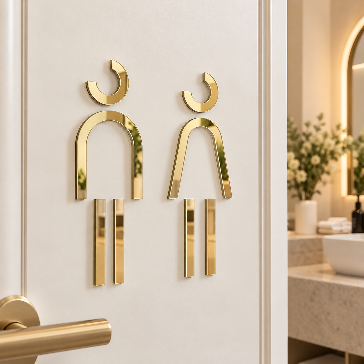 Custom gold mirror acrylic male and female bathroom signs mounted on a modern restroom door with a luxury neutral interior.