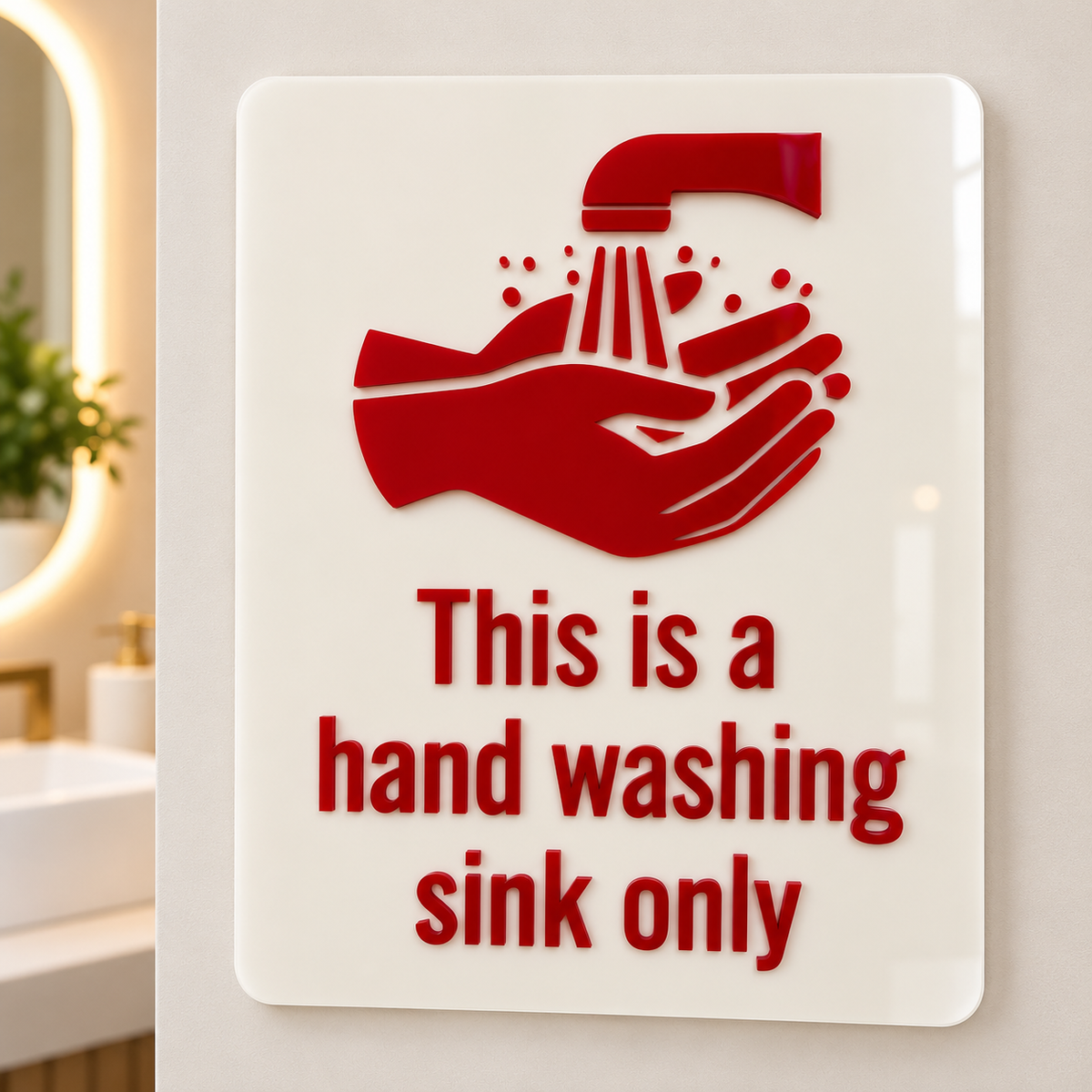 White acrylic hand washing sink only sign with raised red lettering and handwashing symbol, displayed in a modern bathroom setting.