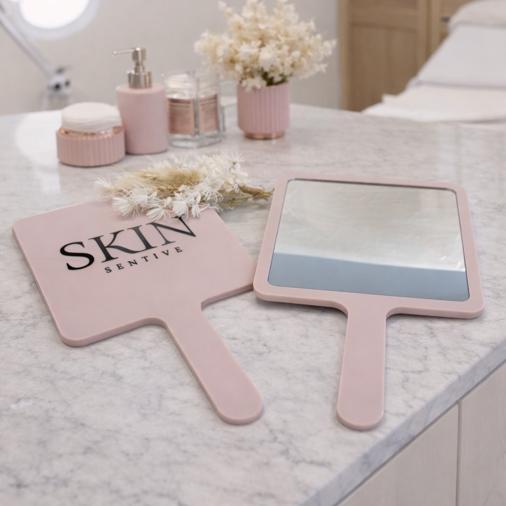 Custom square handheld mirror with logo branding for beauty salons, aesthetic clinics and hairdressers, personalised acrylic salon mirror Australia