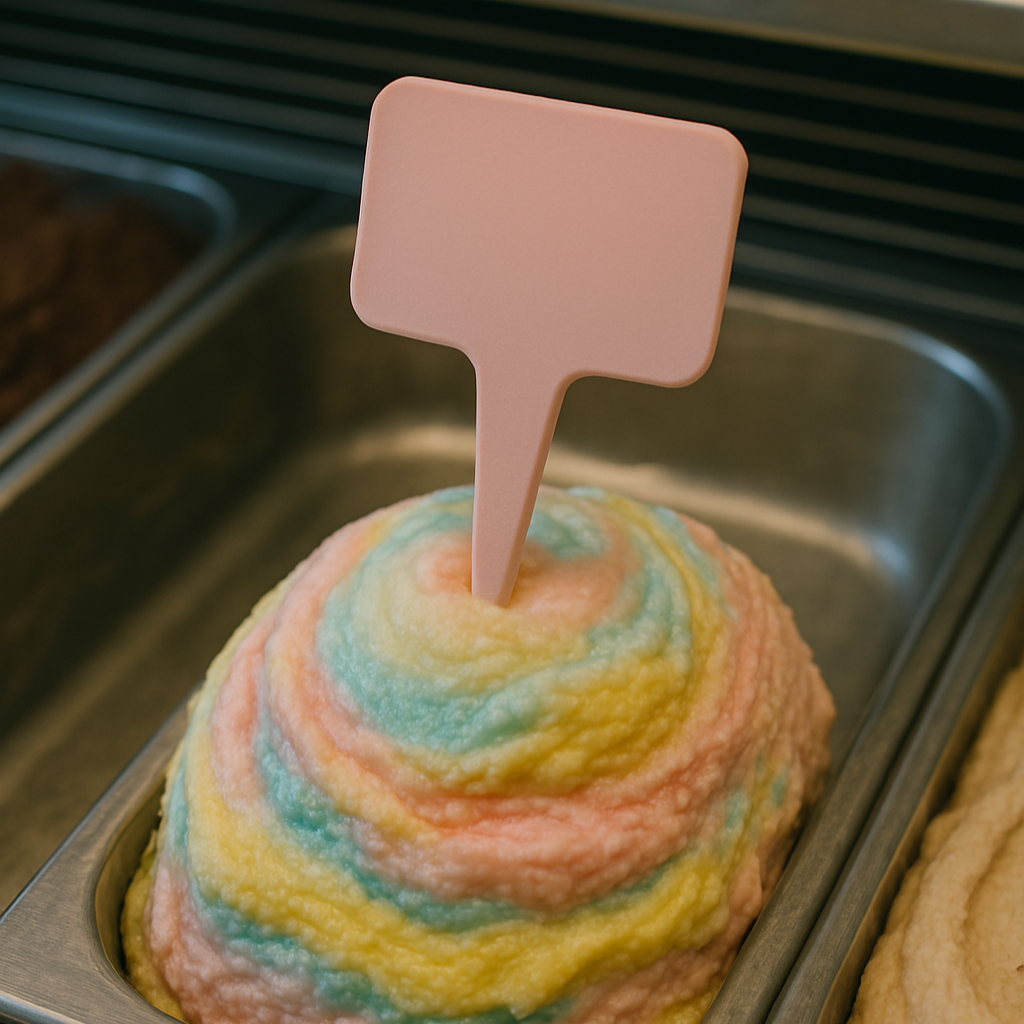 Pink acrylic food marker placed in rainbow layered ice cream