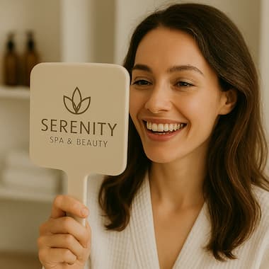 Branded square handheld mirror with Serenity Spa logo