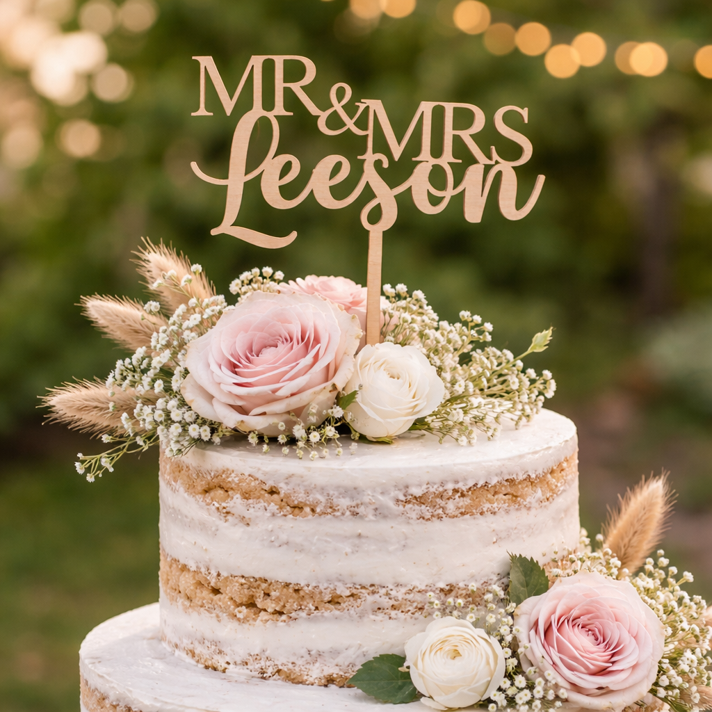 Bamboo Mr and Mrs wedding cake topper on rustic semi naked buttercream wedding cake with blush roses and dried wheat, outdoor garden setting