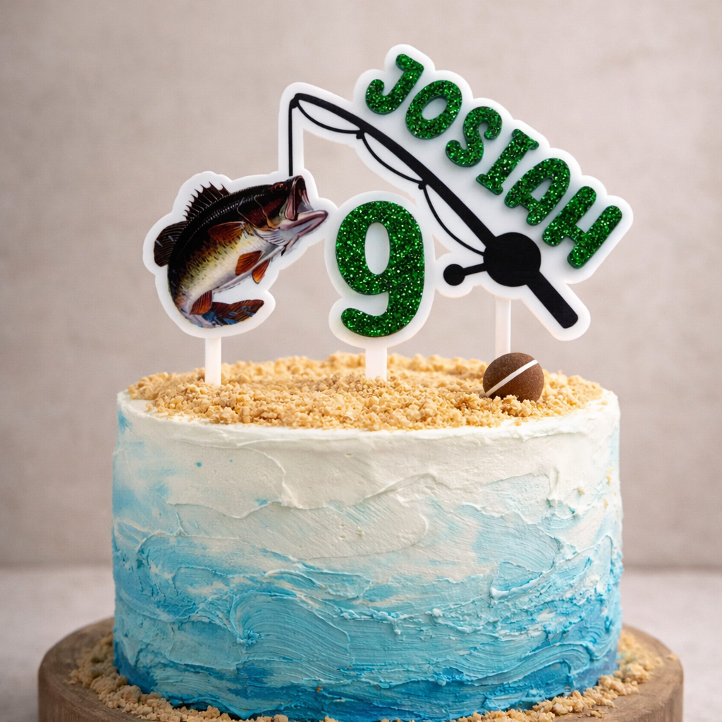 3D UV printed fishing birthday cake topper with bass fish, fishing rod and green glitter name Josiah 9, custom acrylic cake topper Australia