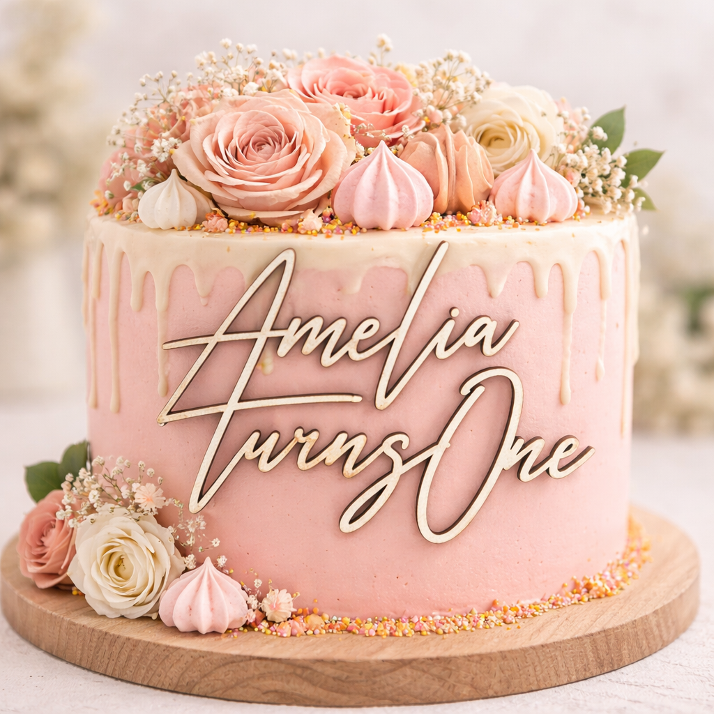 Personalised wooden cake fropper Amelia Turns One on pink girls birthday cake, custom name cake topper Australia