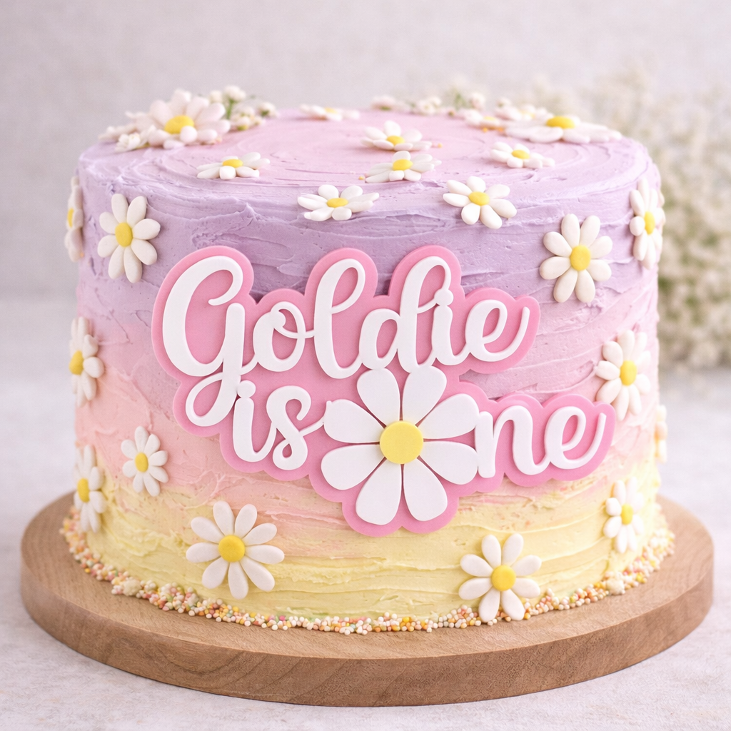Personalised flower birthday cake fropper Goldie is one in layered pink and white acrylic, custom girls first birthday cake topper Australia