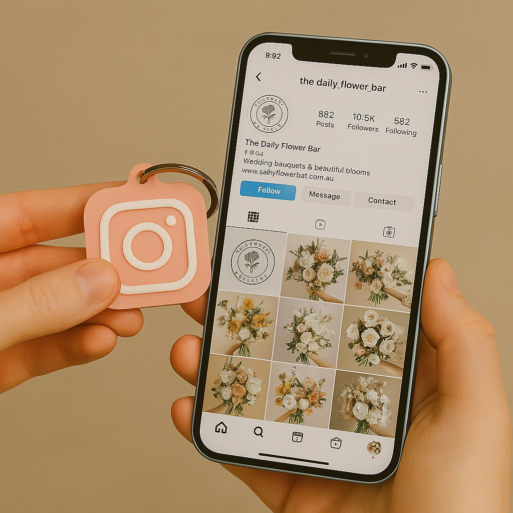 NFC Instagram tag keychain next to phone screen for easy contactless sharing