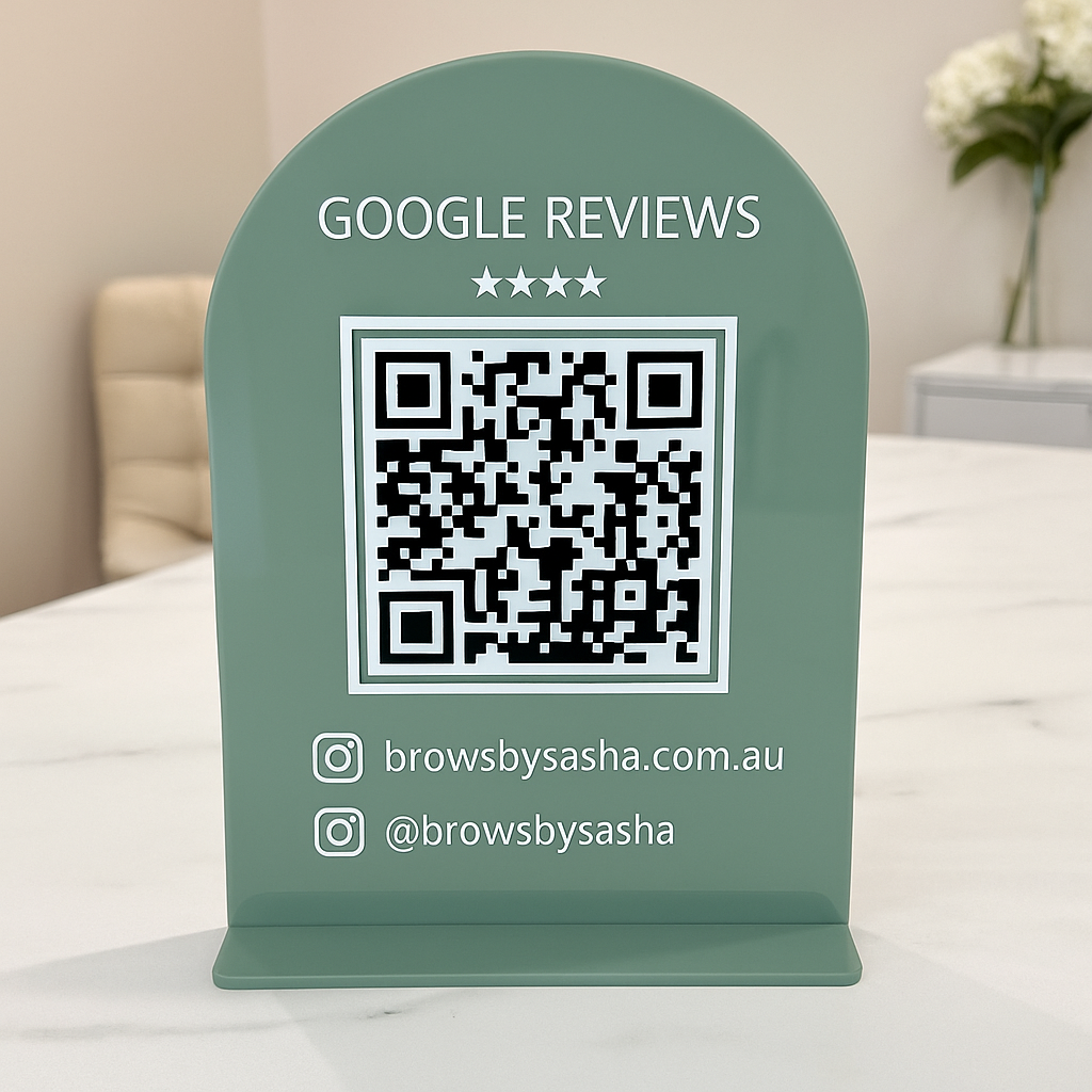Green acrylic Google review stand with QR code and social media handle