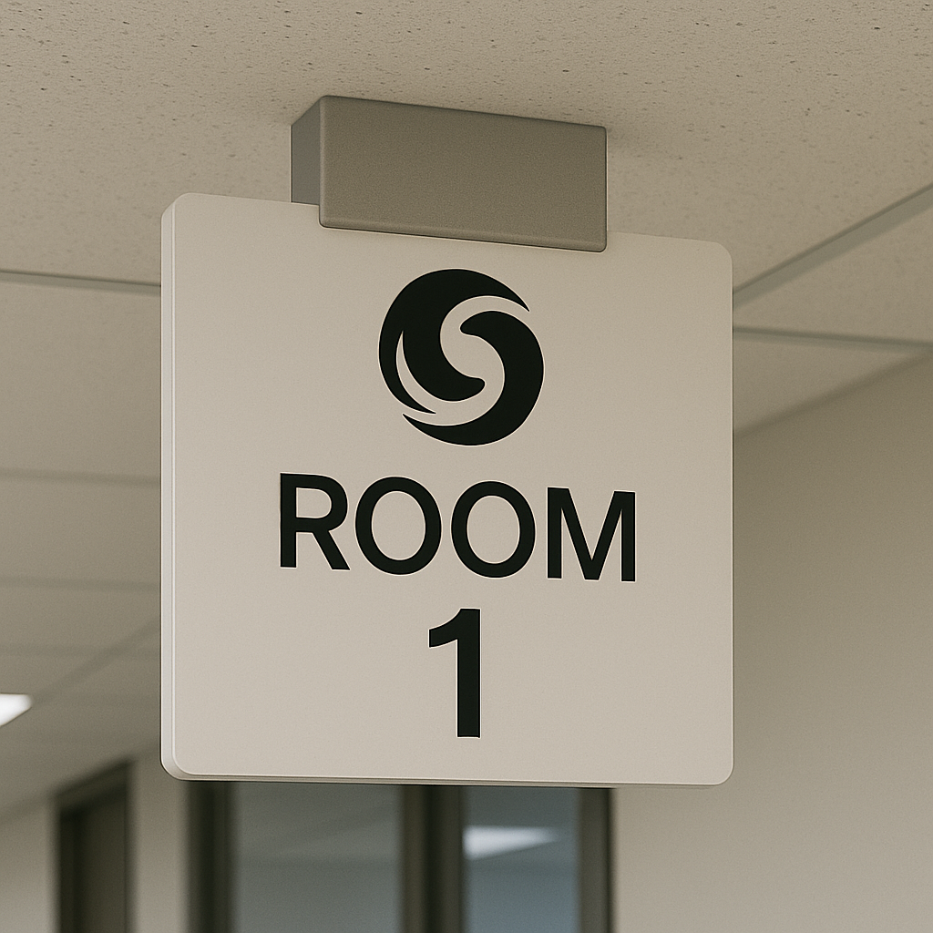 double sided room number hallway sign ceiling mounted for medical office
