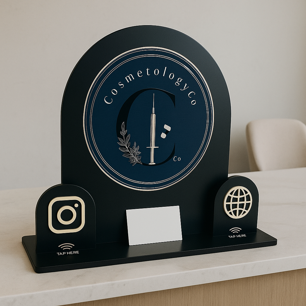 Custom NFC business sign with Instagram and website icons for salons and retail counters in Australia