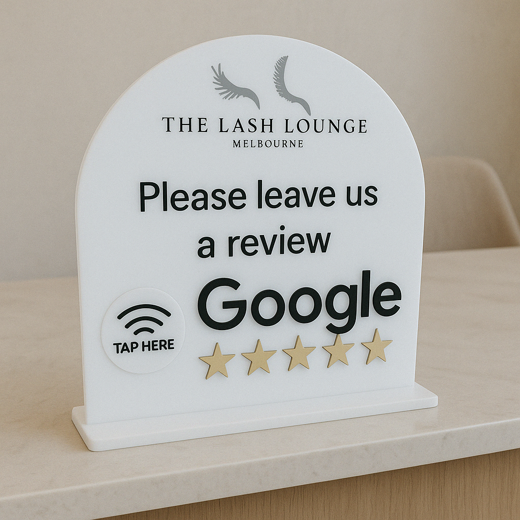 Custom NFC Google review sign in white for beauty salons – tap to leave a review countertop display