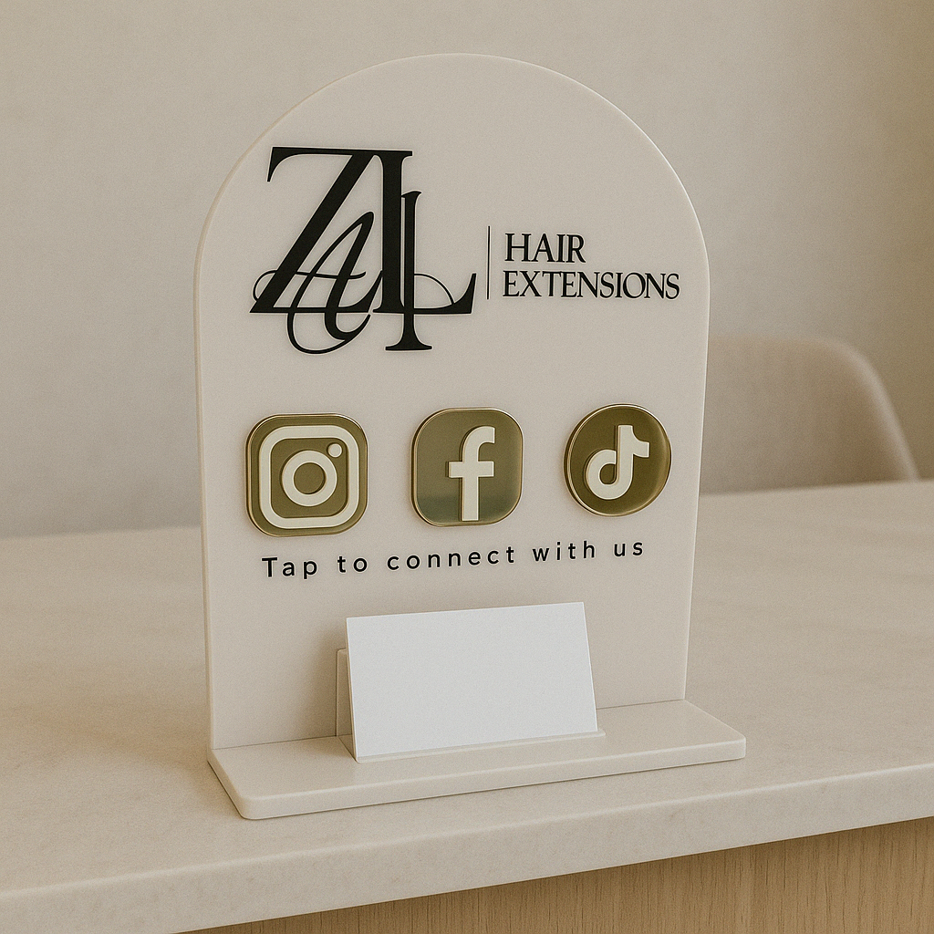 NFC card holder with custom branding for ZL Hair Extensions, displaying Instagram, Facebook and TikTok icons.