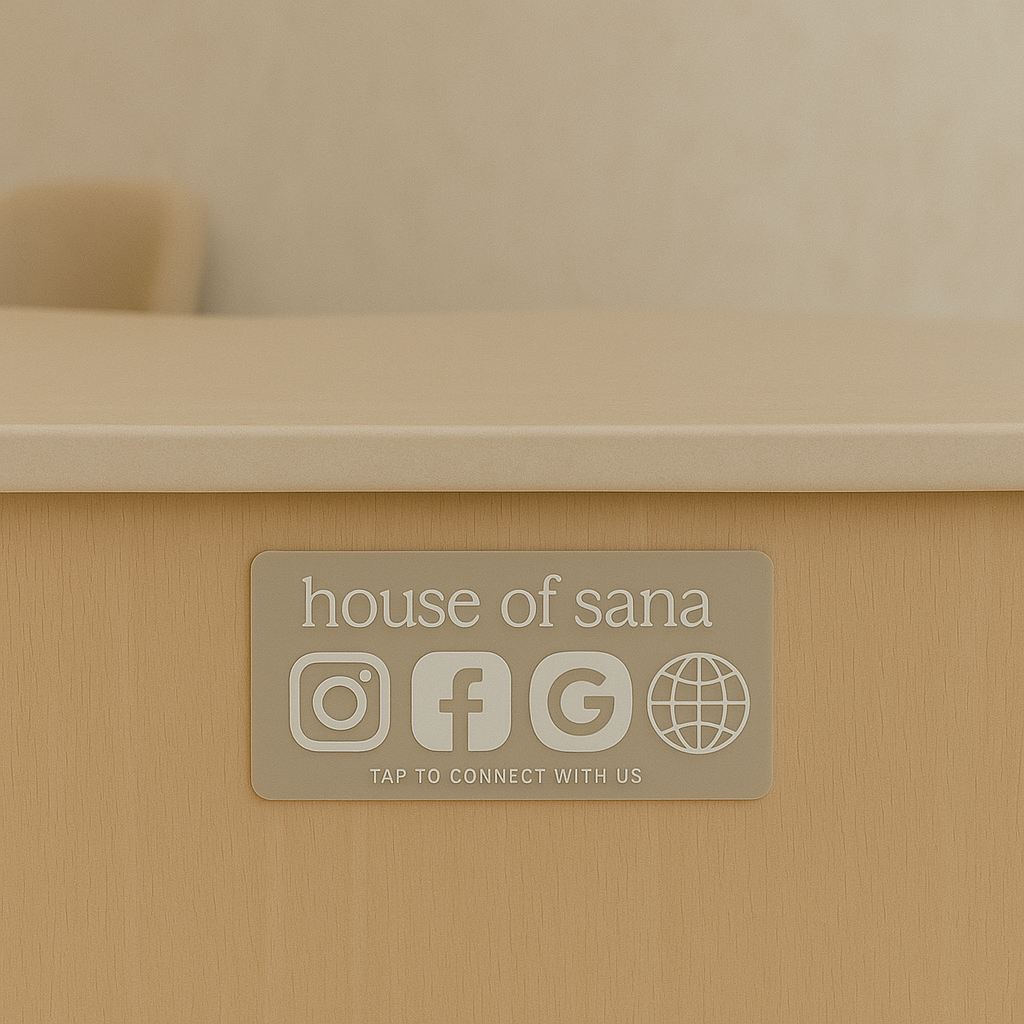 Custom NFC social plaque in natural acrylic with icons for Instagram, Facebook and Google – House of Sana branding.